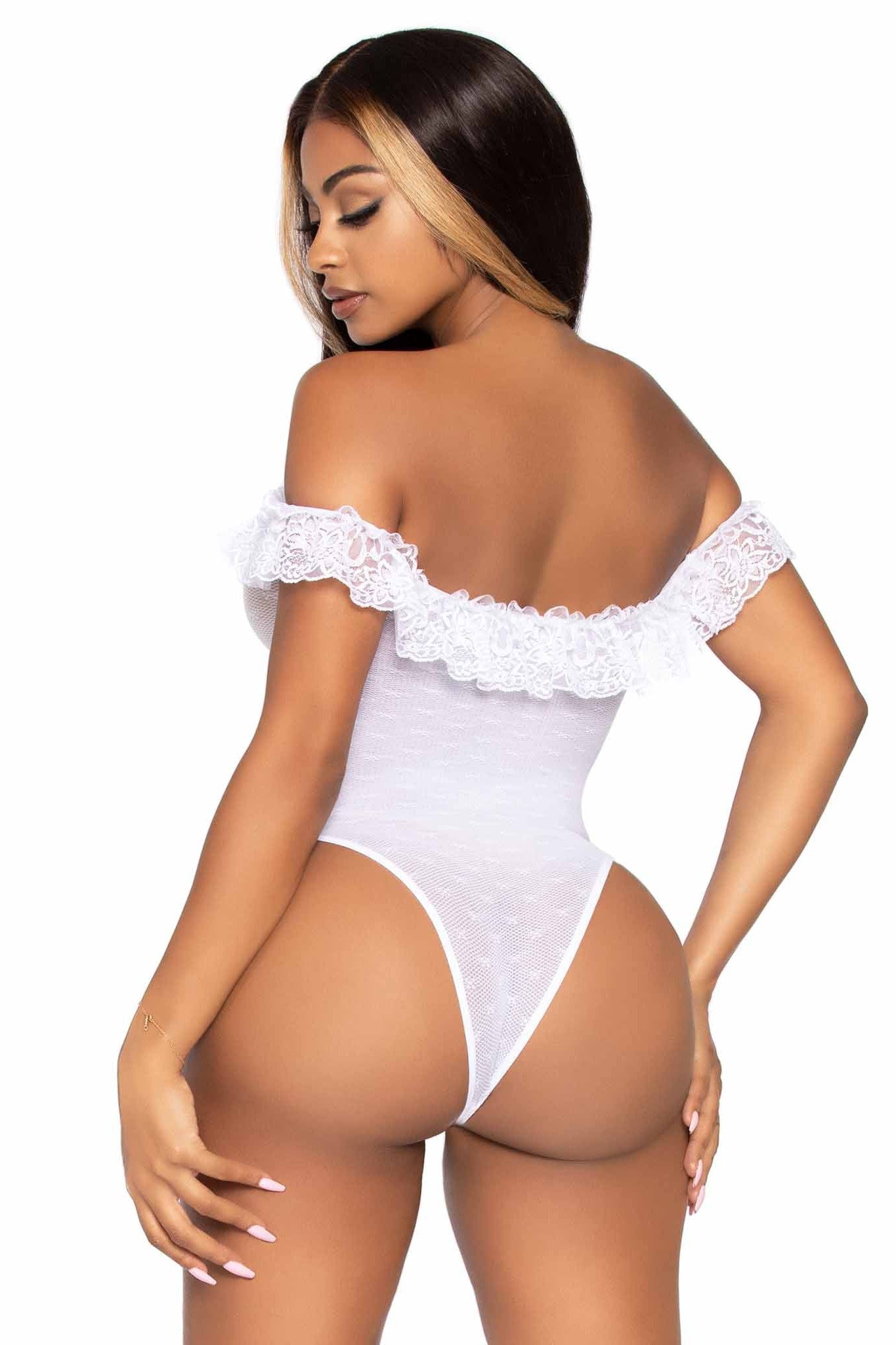 Fashionable Lace Ruffle Off - The - Shoulder Teddy Garment with Woven Point D'Esprit Ornamentation and Snap Crotch