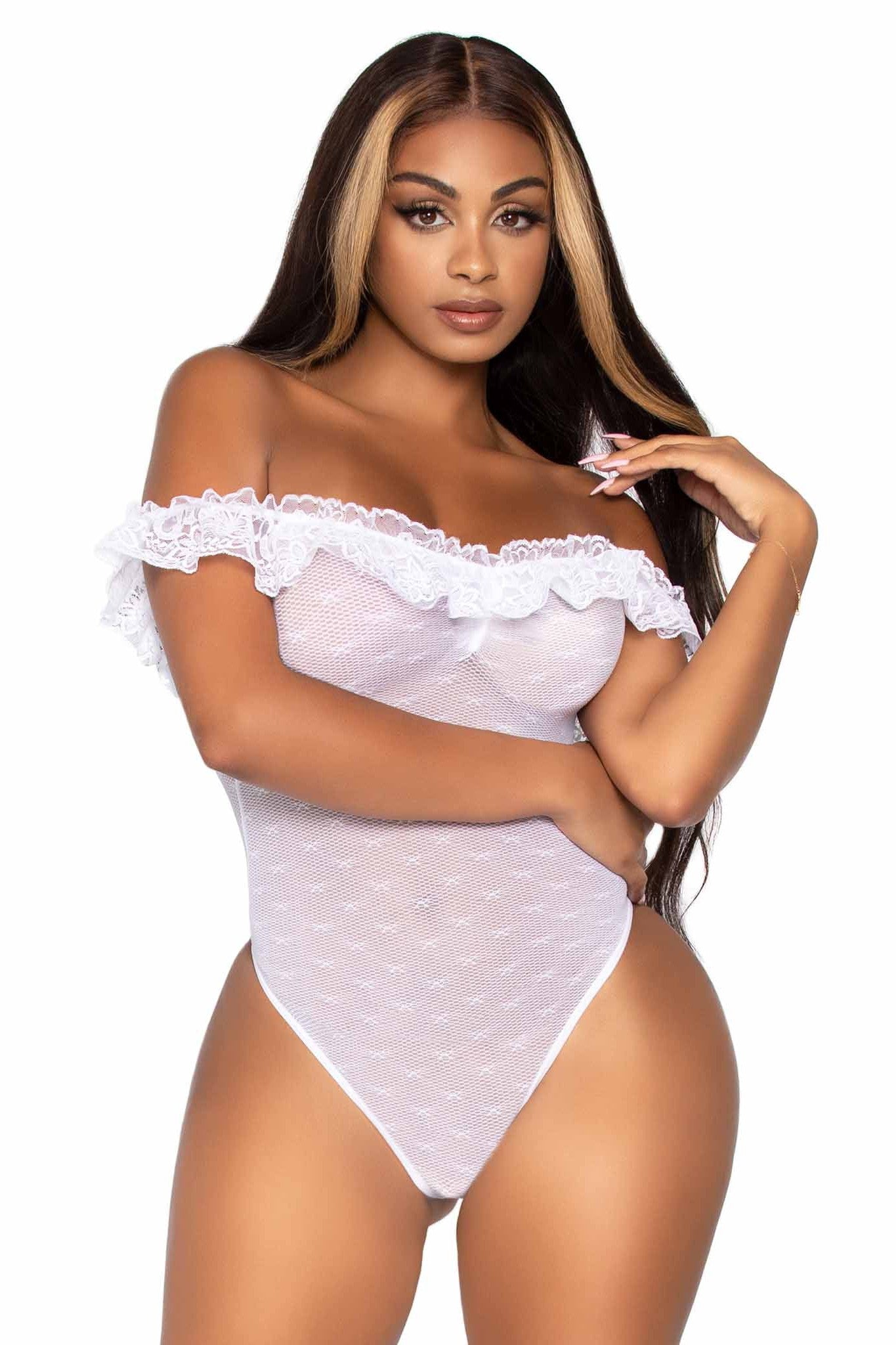 Fashionable Lace Ruffle Off - The - Shoulder Teddy Garment with Woven Point D'Esprit Ornamentation and Snap Crotch