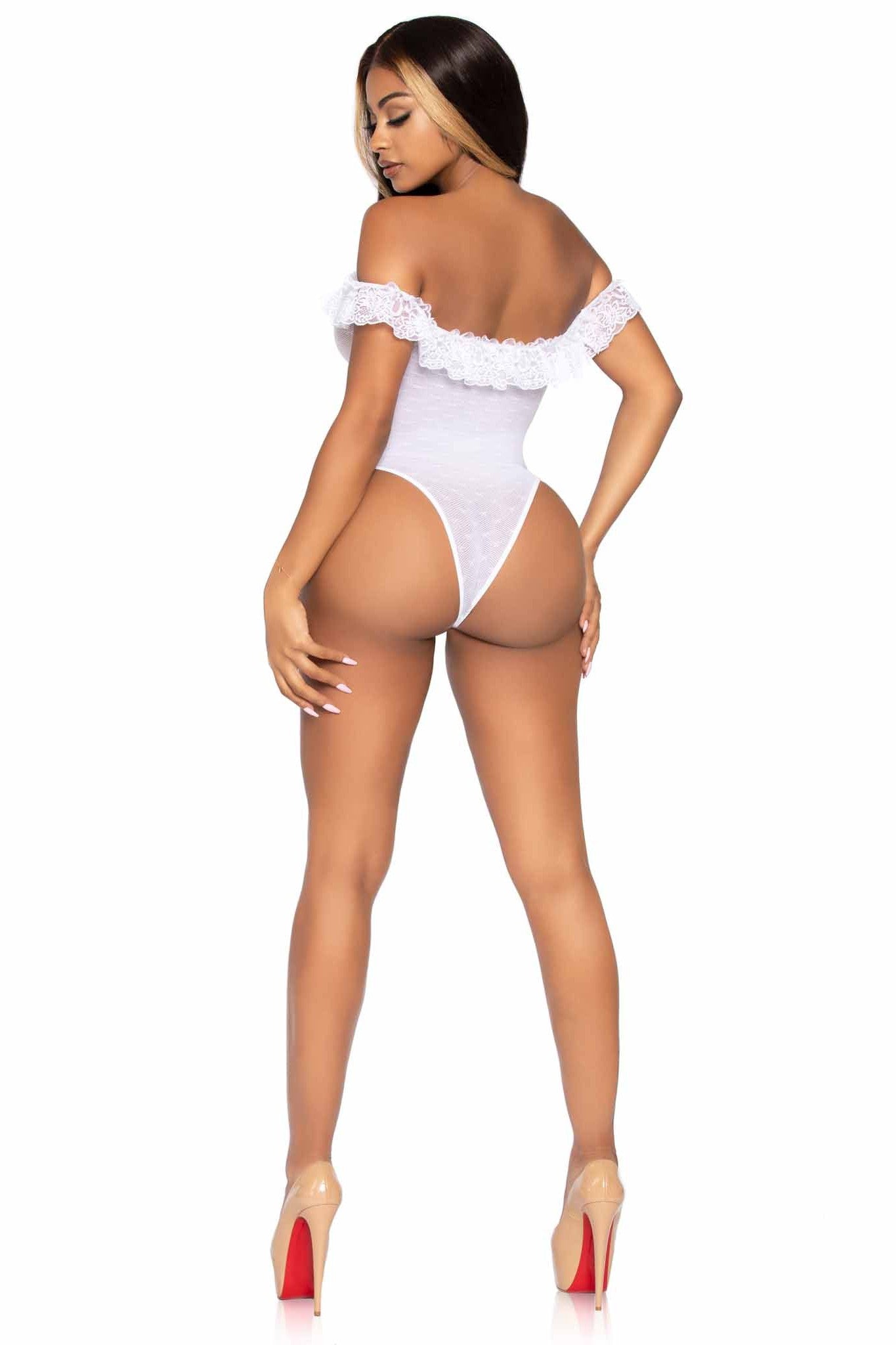 Fashionable Lace Ruffle Off - The - Shoulder Teddy Garment with Woven Point D'Esprit Ornamentation and Snap Crotch