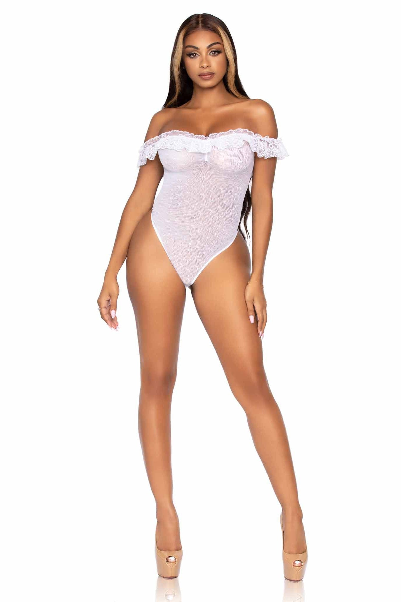 Fashionable Lace Ruffle Off - The - Shoulder Teddy Garment with Woven Point D'Esprit Ornamentation and Snap Crotch