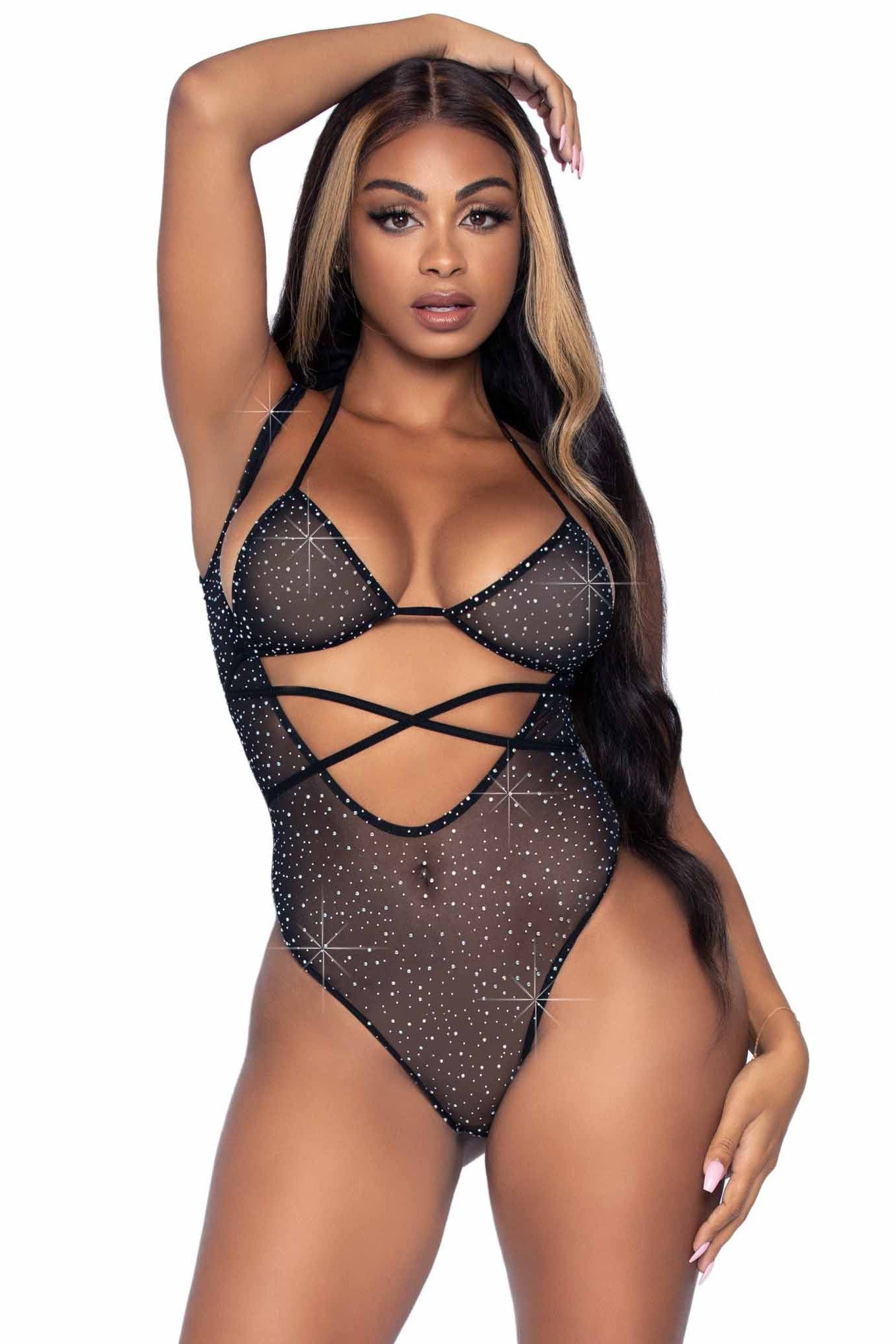 Two-Piece Rhinestone Mesh Wrap-Around Swimsuit Bikini Top and Suspender Bodysuit Set