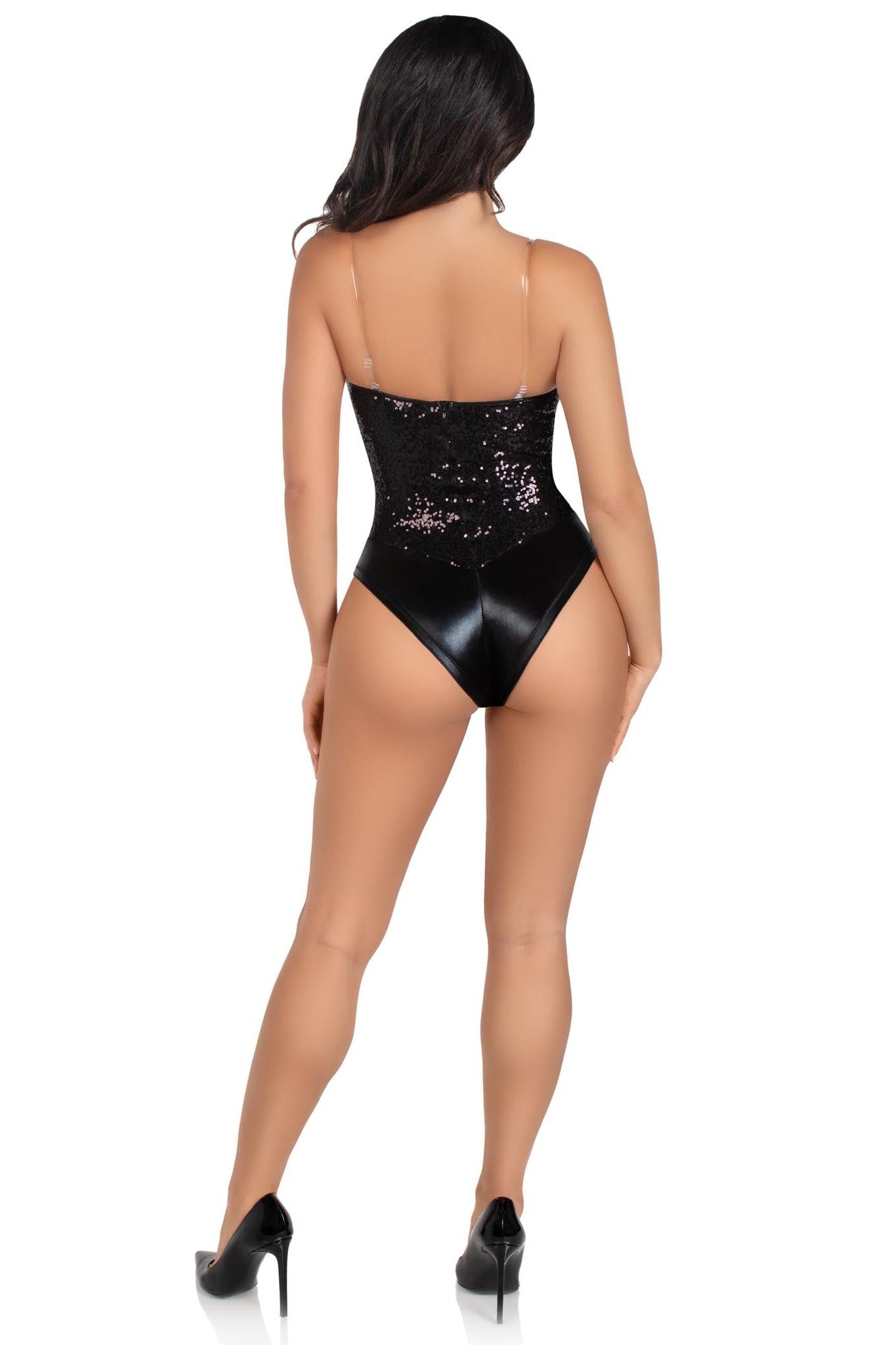 Two-Piece Sequined Snap Crotch Bodysuit with Removable Transparent Straps - Fashionable Women's Bodysuit