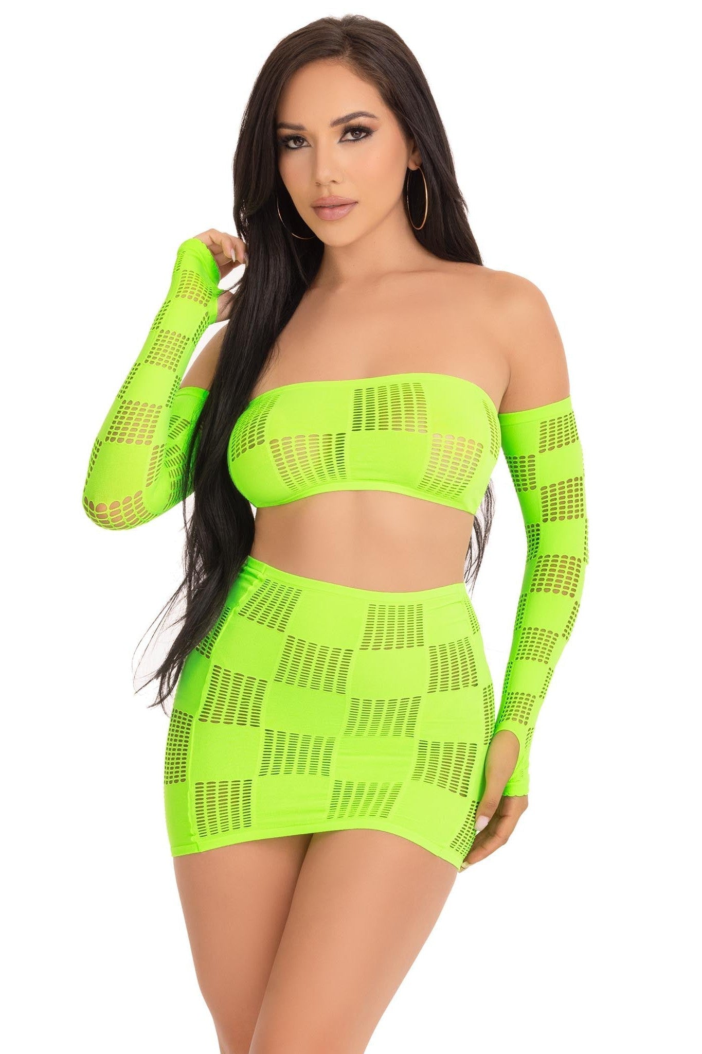 Stylish 3-Piece Set: Checkerboard Net Bandeau, Mini Skirt, and Arm Warmers