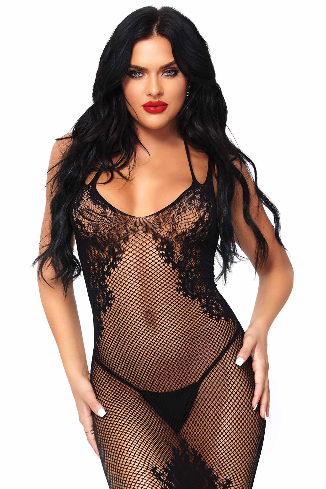 Dual-Strap Seamless Net and Faux Lace-Up Back Halter Lace Dress