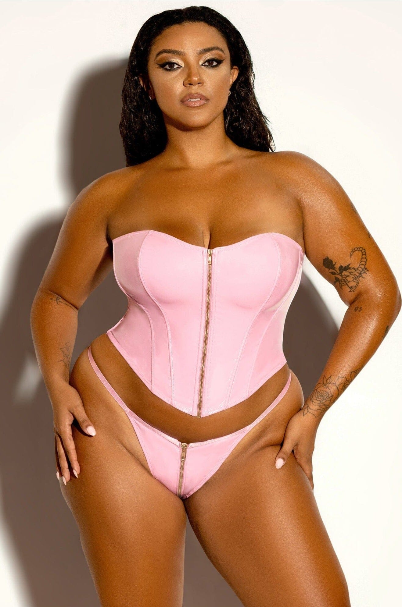 Plus Size Pink Strapless Vinyl Bustier with a Functional Front Zipper and a Matching Thong - Sexy Lingerie