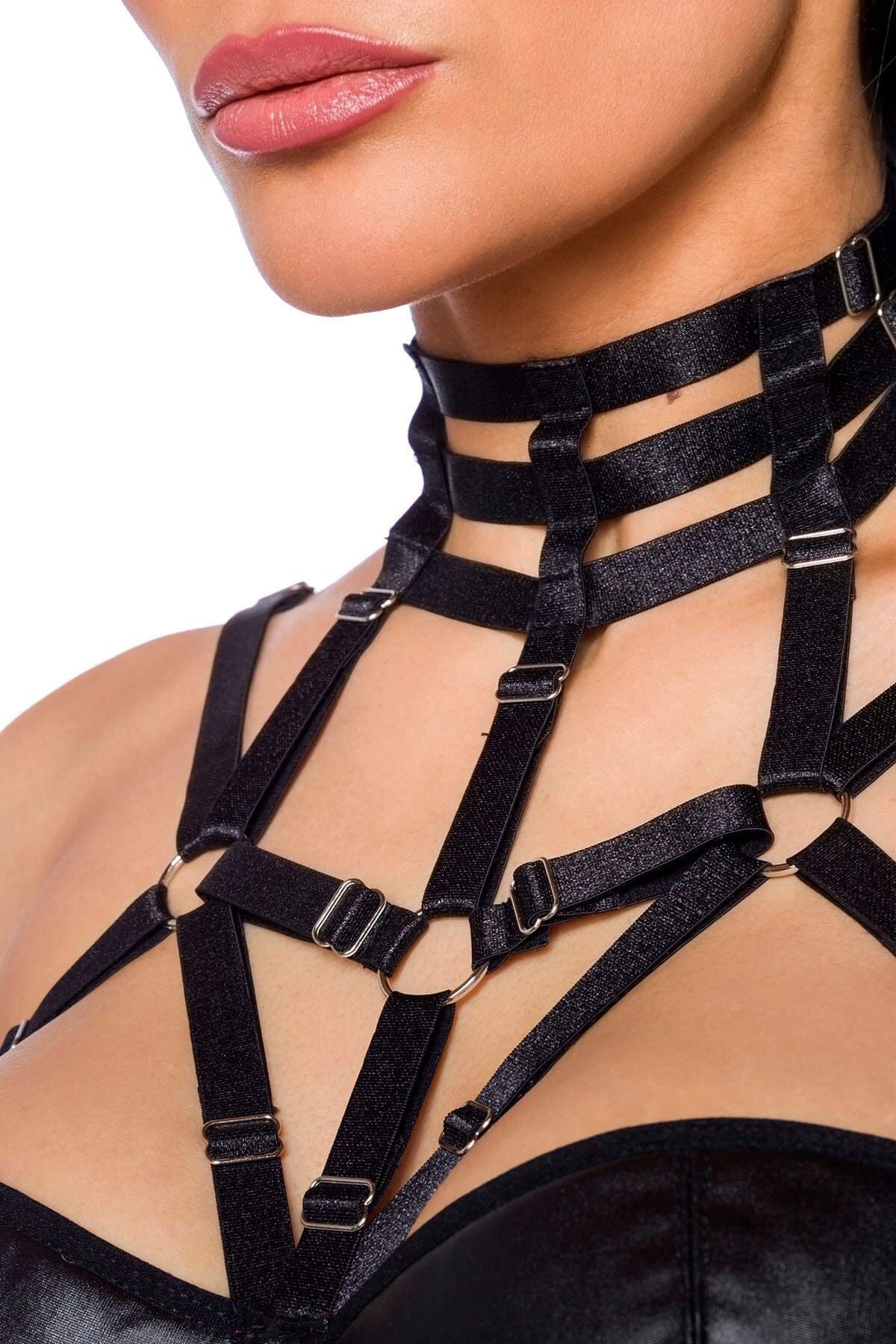 Fashionable Multi - Strap Wet - Look Crop Top and Mini Skirt Outfit Set