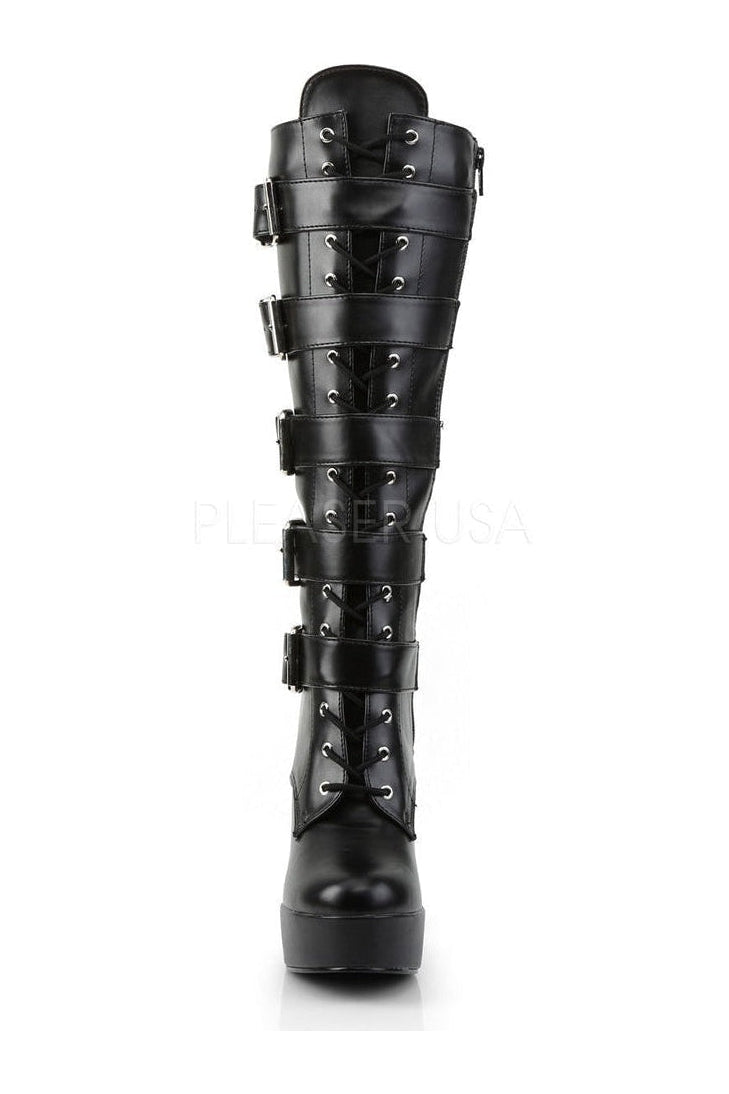 ELECTRA-2042 Women's Black Faux Leather Platform Knee Boots with Stack Heel and Buckle Detail