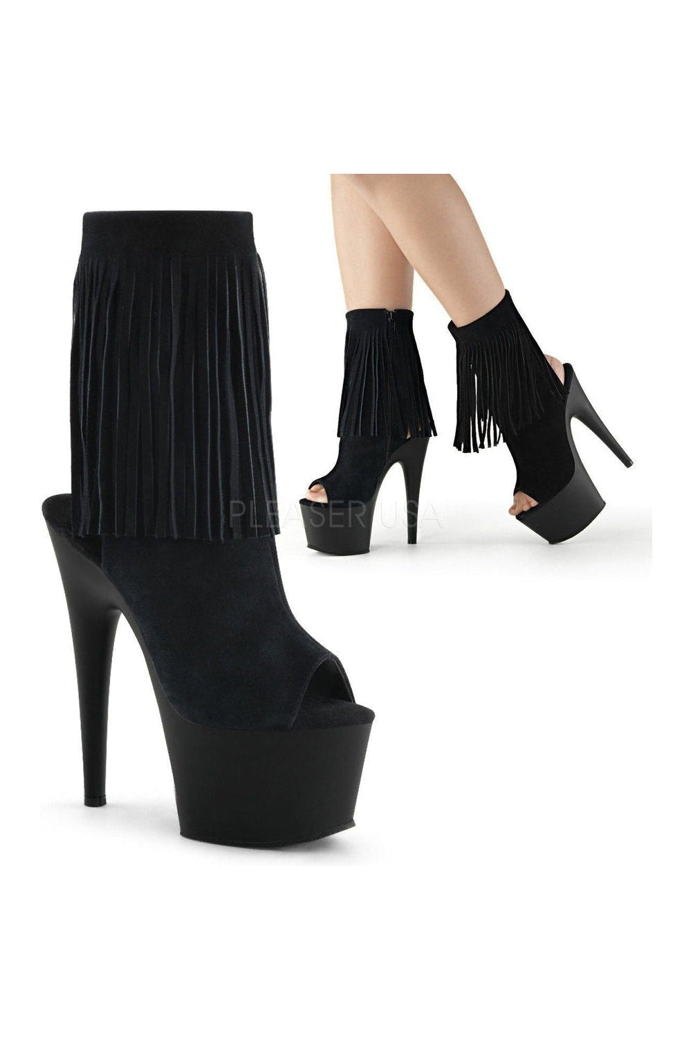 ADORE-1019 Women's Black Genuine Leather Platform Ankle Boot with Stiletto Heel and Fringe