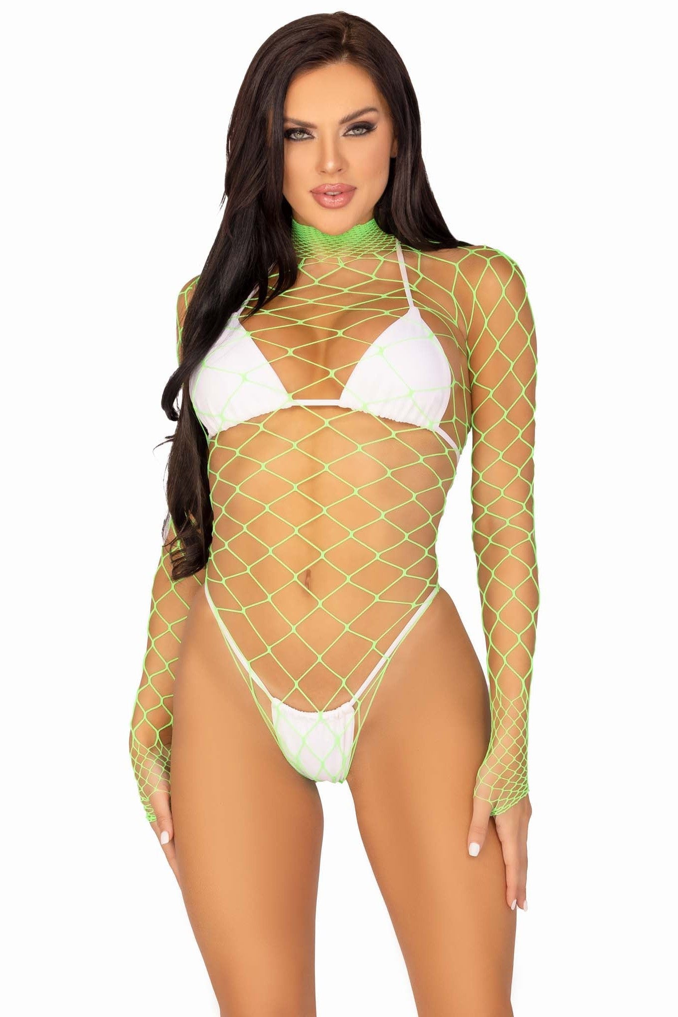Long Sleeved High Neck Bodysuit with Fence Net Design and Snap Crotch Thong Panty - A Fashionable Underwear Piece