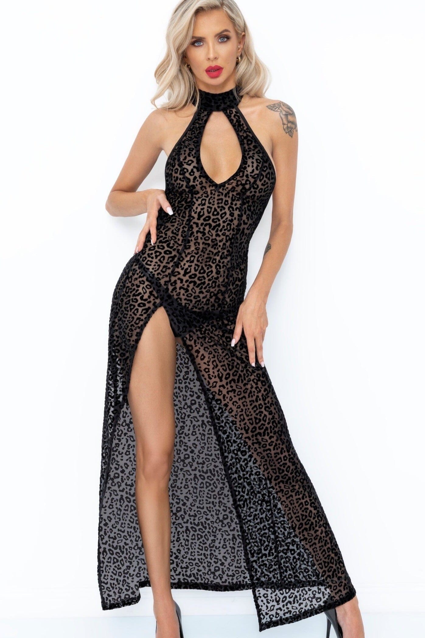 Stylish Long Leopard Flock Dress with Front Slit for Fashionable Look