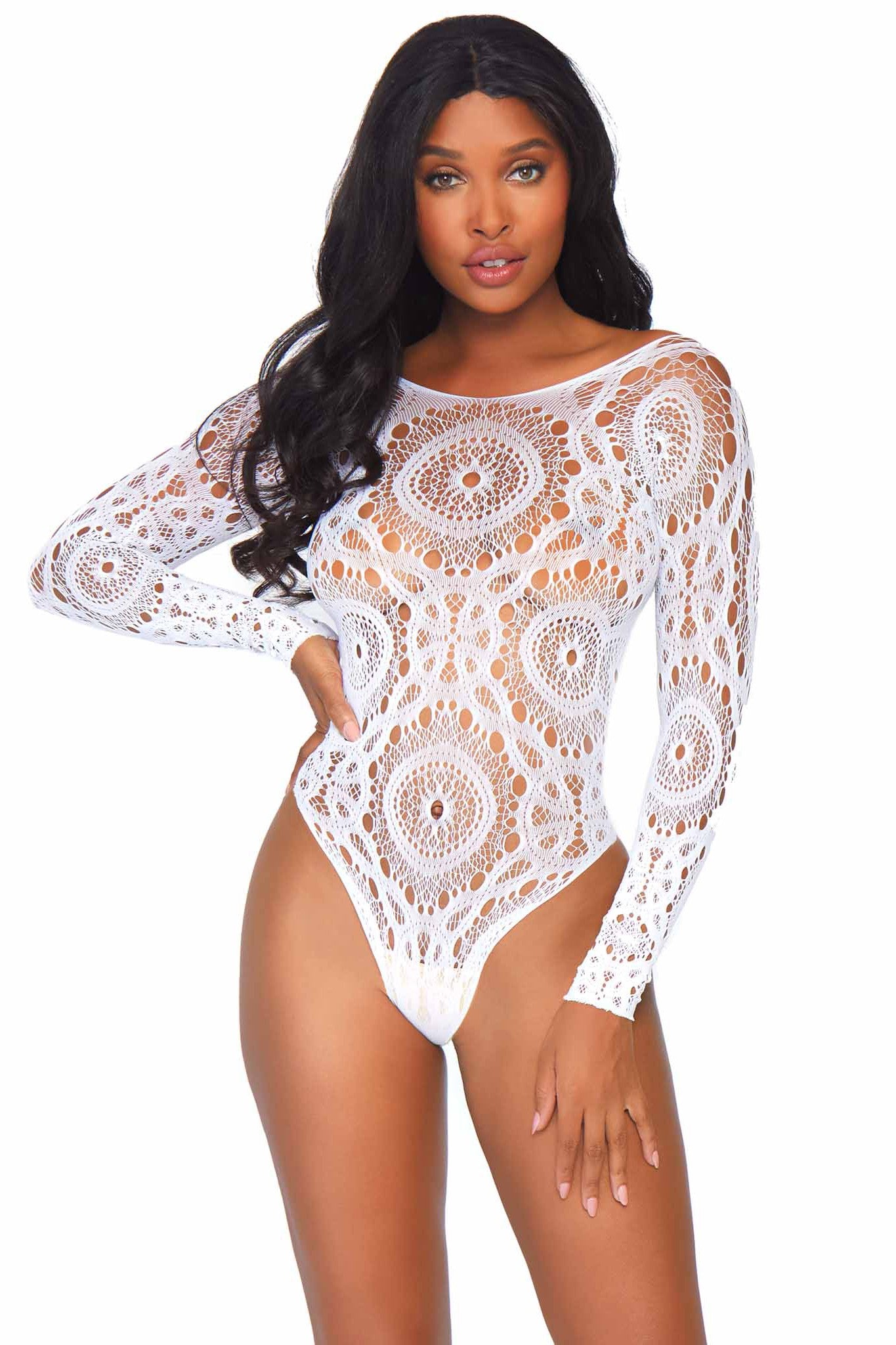 Long - Sleeved Crochet Lace Teddy with Snap Crotch and Thong Back