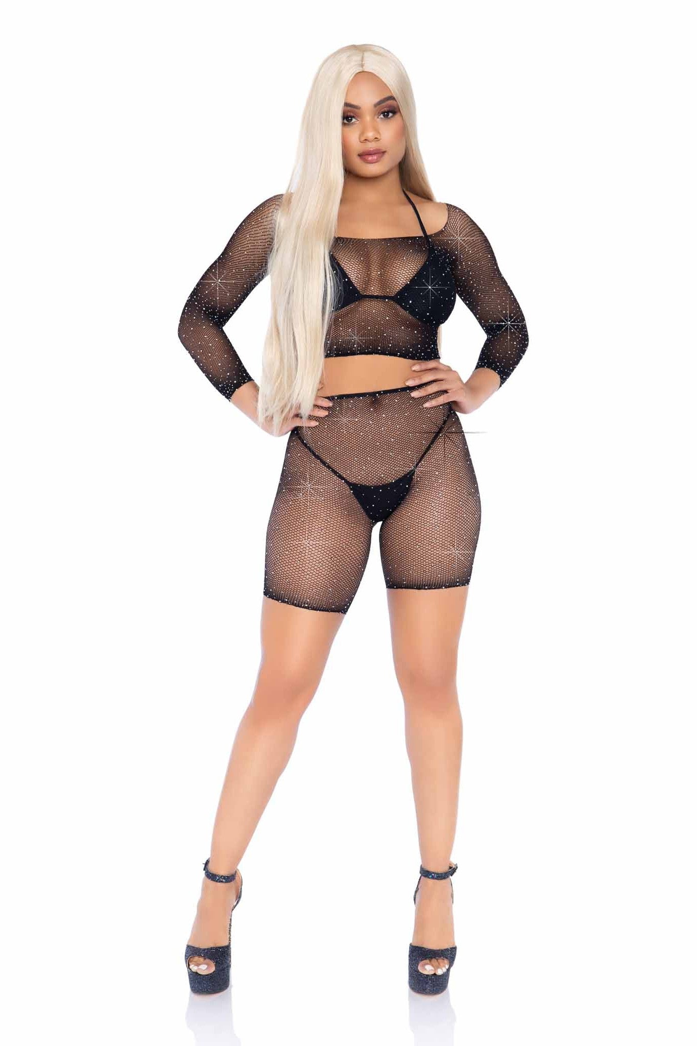2-Piece Rhinestone Embellished Fishnet Long Sleeve Crop Top and Stylish Biker Shorts