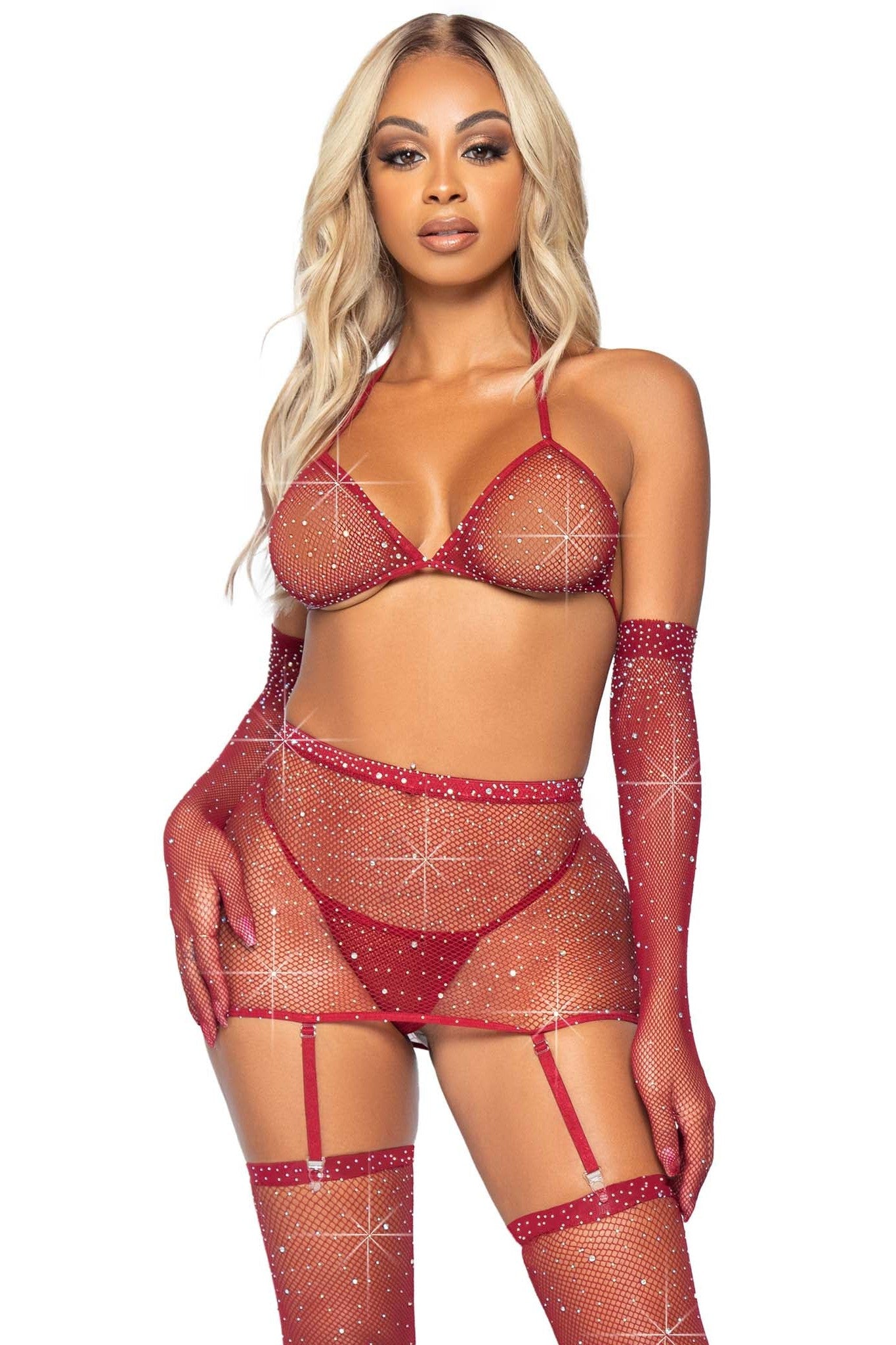 Stylish 5-Piece Rhinestone-Embellished Fishnet Garter Skirt Set Including Bikini Top and Fashion Accessories
