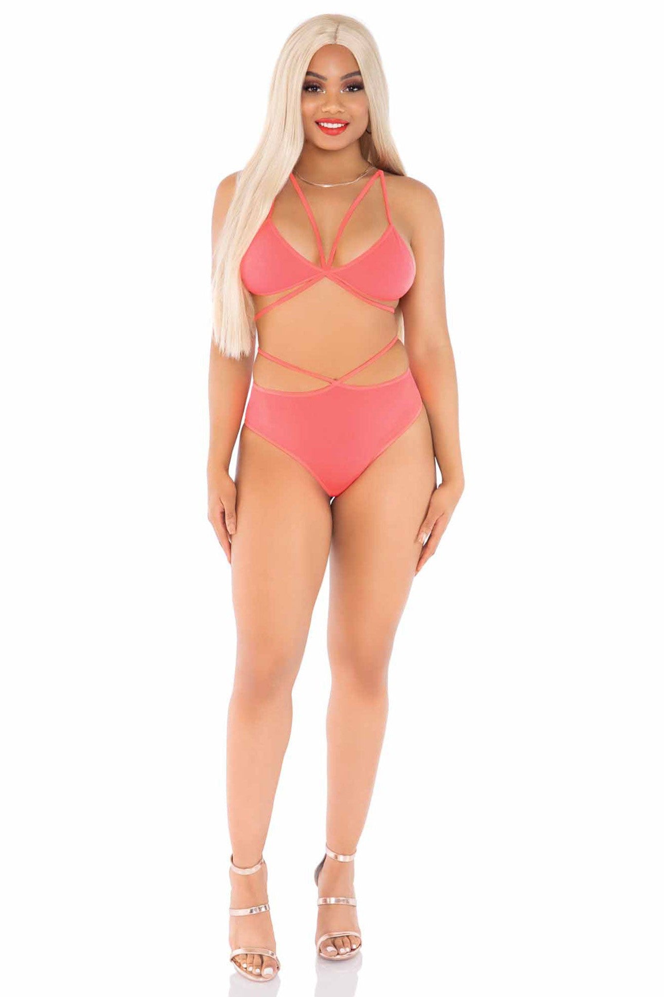 Two-Piece Set: Opaque Cage Strap Women's Bra Top and Strappy Brazilian Style Briefs