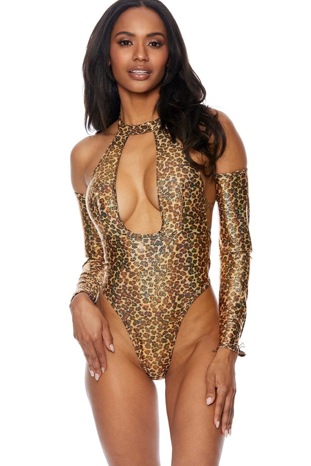 Stylish Leopard Print Holographic Deep Plunge One-Piece Bodysuit