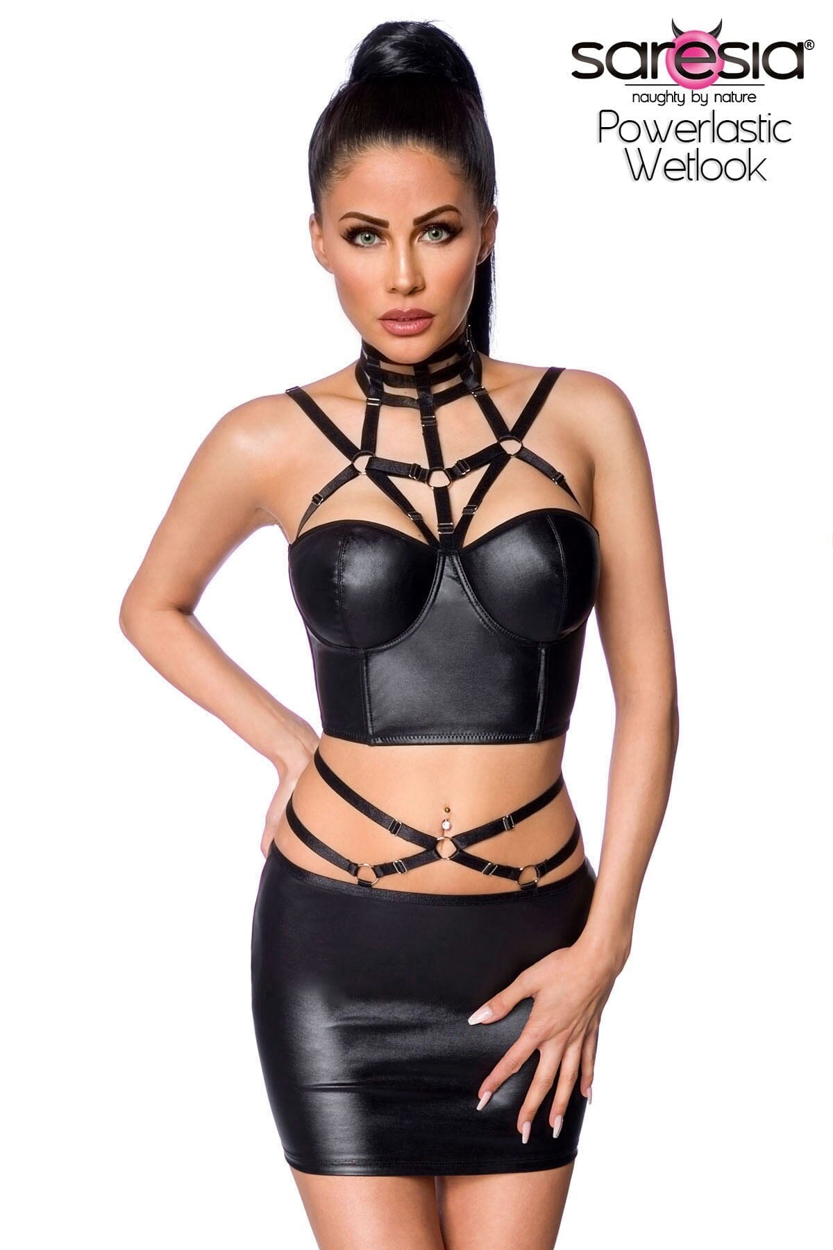Fashionable Multi - Strap Wet - Look Crop Top and Mini Skirt Outfit Set