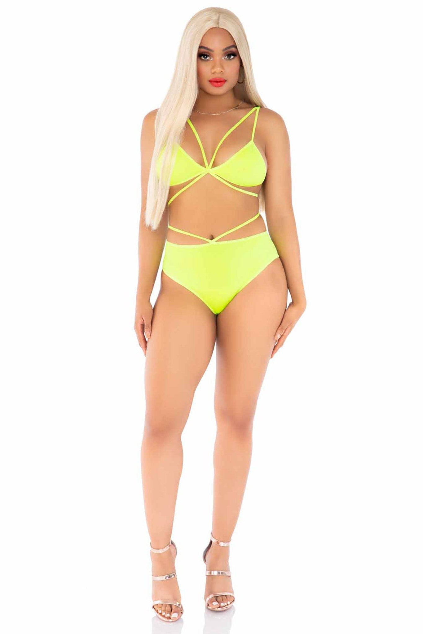 Stylish 2-Piece Set: Opaque Cage Strap Bra Top with Strappy Brazilian Briefs