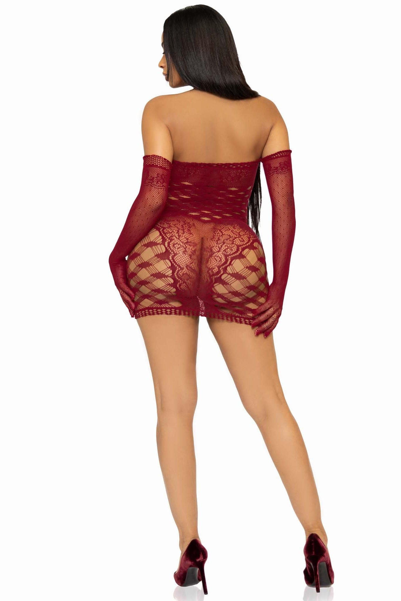 2-Piece Hardcore Net Tube Dress with Lace Trim and Matching Gloves