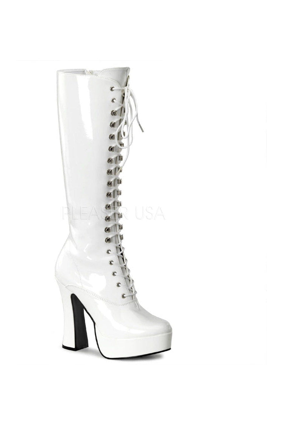 ELECTRA-2020 White Patent Leather Platform Knee-High Boots with Lace Front and Inner Zipper