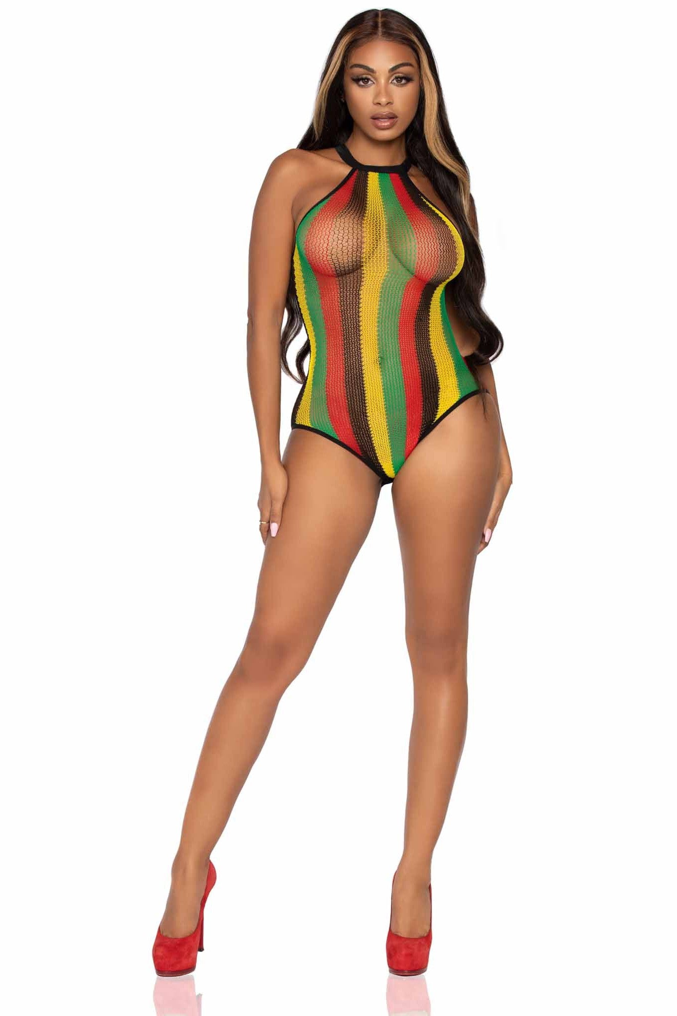 Imported Leg Avenue Rasta Net Snap - Crotch Racer Back Bodysuit