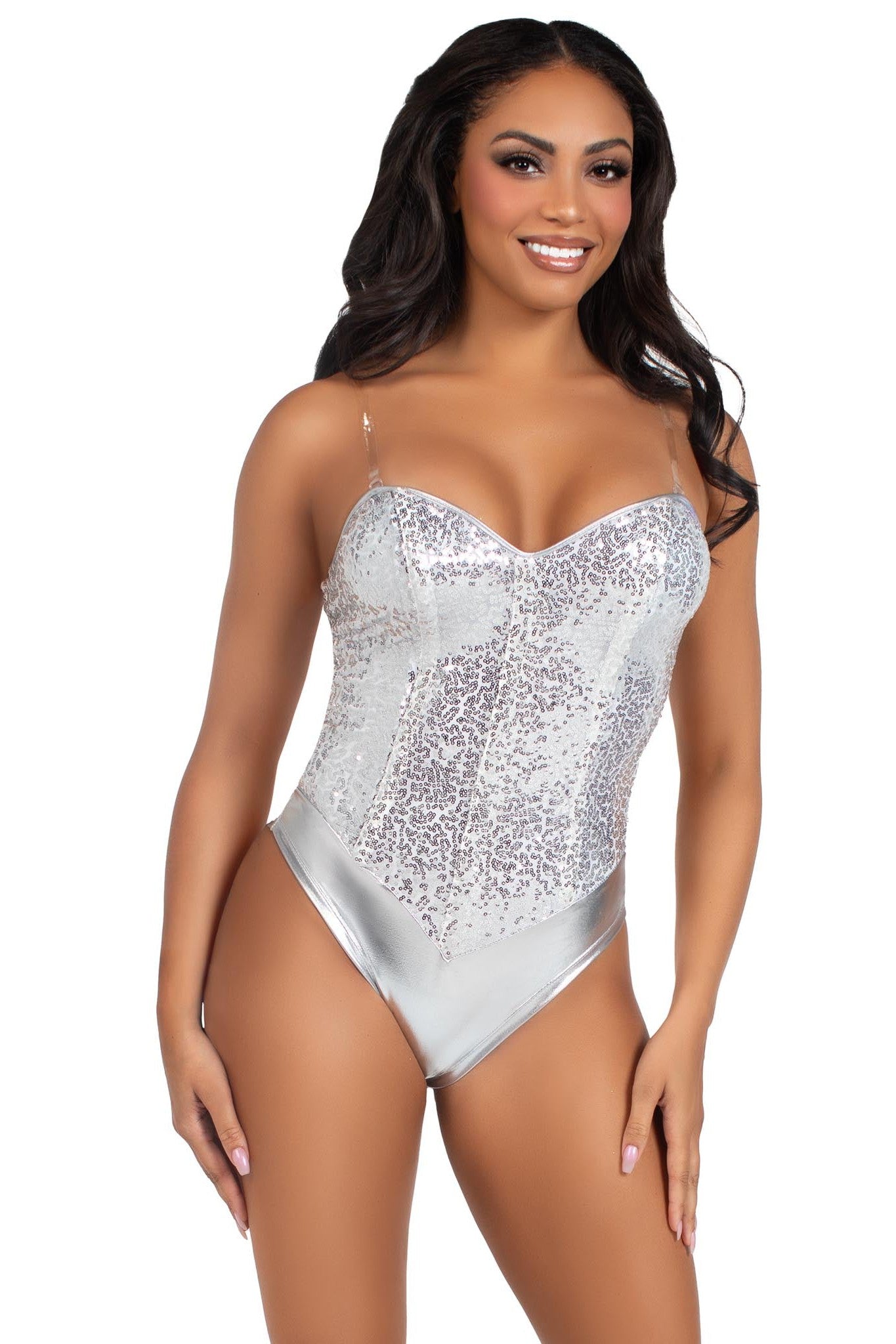 Two-Piece Sequined Snap Crotch Bodysuit with Removable Transparent Straps - Fashionable Adult Bodysuit