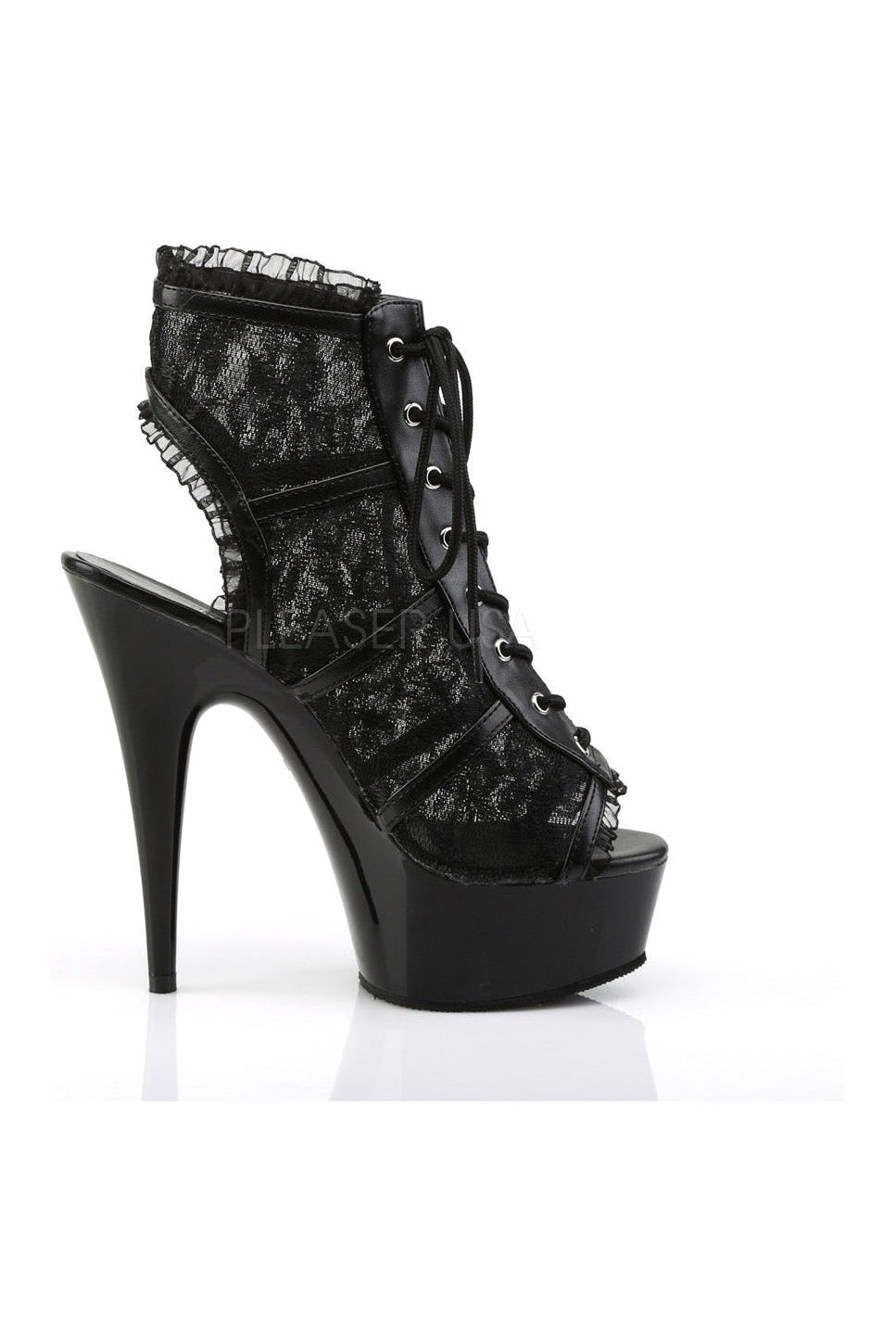 Black Fabric DELIGHT-696LC Open Toe and Back Lace Up Platform Booties with Lace Trim Detail