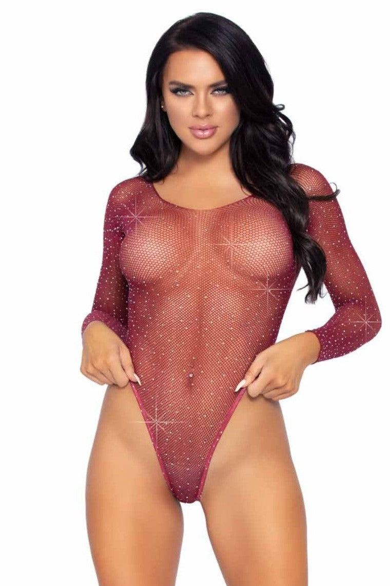Stylish Long Sleeved Crystal - Embellished Fishnet Thong Back Bodysuit for Women with Snap Crotch