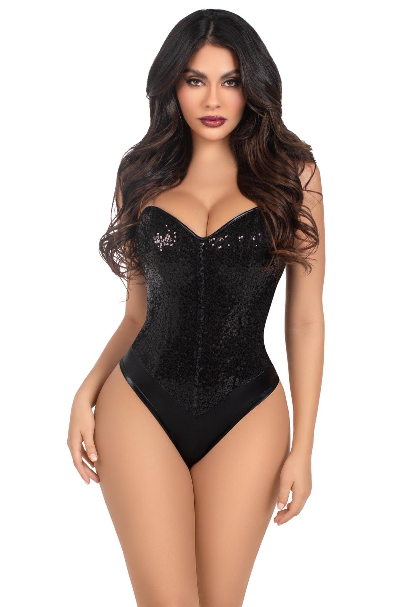 Two-Piece Sequined Snap Crotch Bodysuit with Removable Transparent Straps - Fashionable Women's Bodysuit