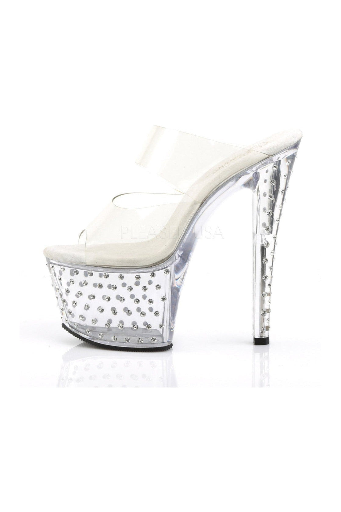 STARDUST-702 Clear Vinyl Platform Slide Sandals with Rhinestone Studded Platform