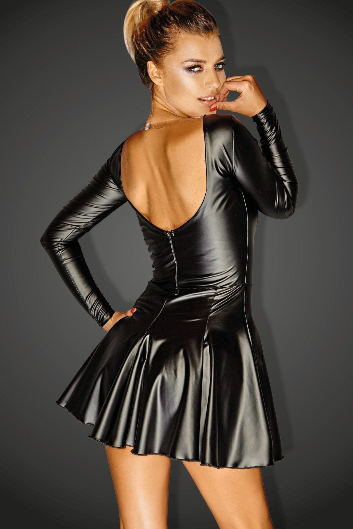 Eco Leather Long Sleeve Fetish Mini Dress with Adjustable Tape