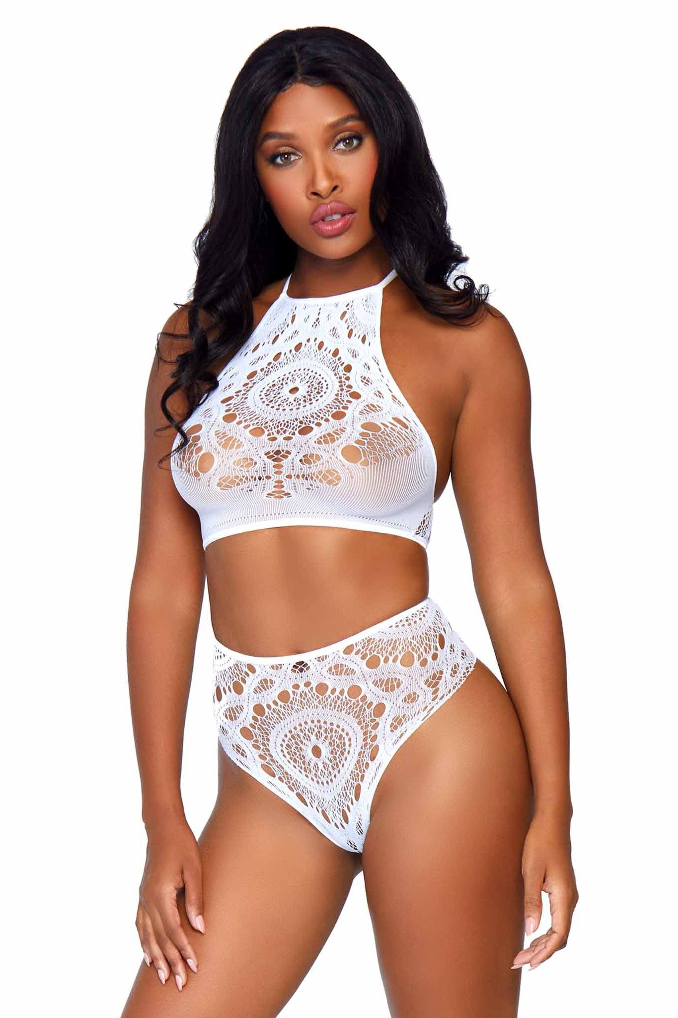 Stylish 2-Piece Crochet Lace Halter Crop Top Outfit Set