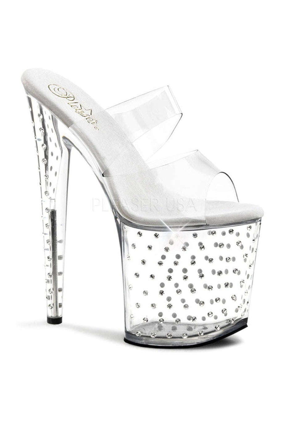 STARDUST-802 Clear Vinyl Platform Slide Sandals with Rhinestones