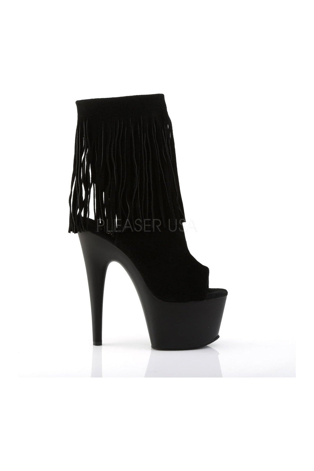 ADORE-1019 Women's Black Genuine Leather Platform Ankle Boot with Stiletto Heel and Fringe
