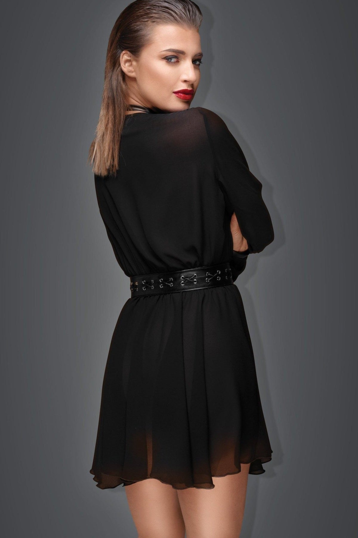 Stylish Chiffon Mini Dress with a Fashionable Choker and Eco - Leather Belt