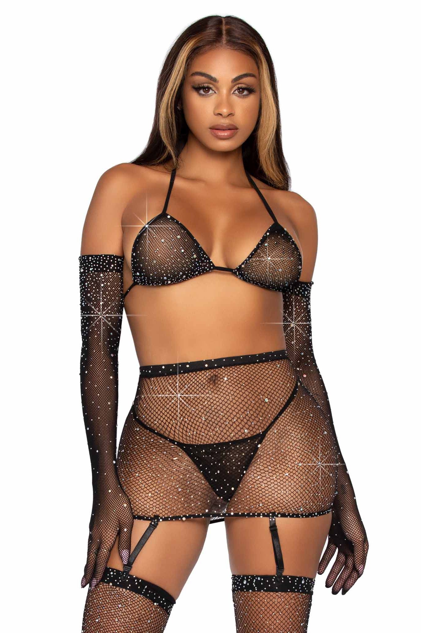 5-Piece Rhinestone Embellished Fishnet Garter Skirt Set with Bikini Top & Accessories
