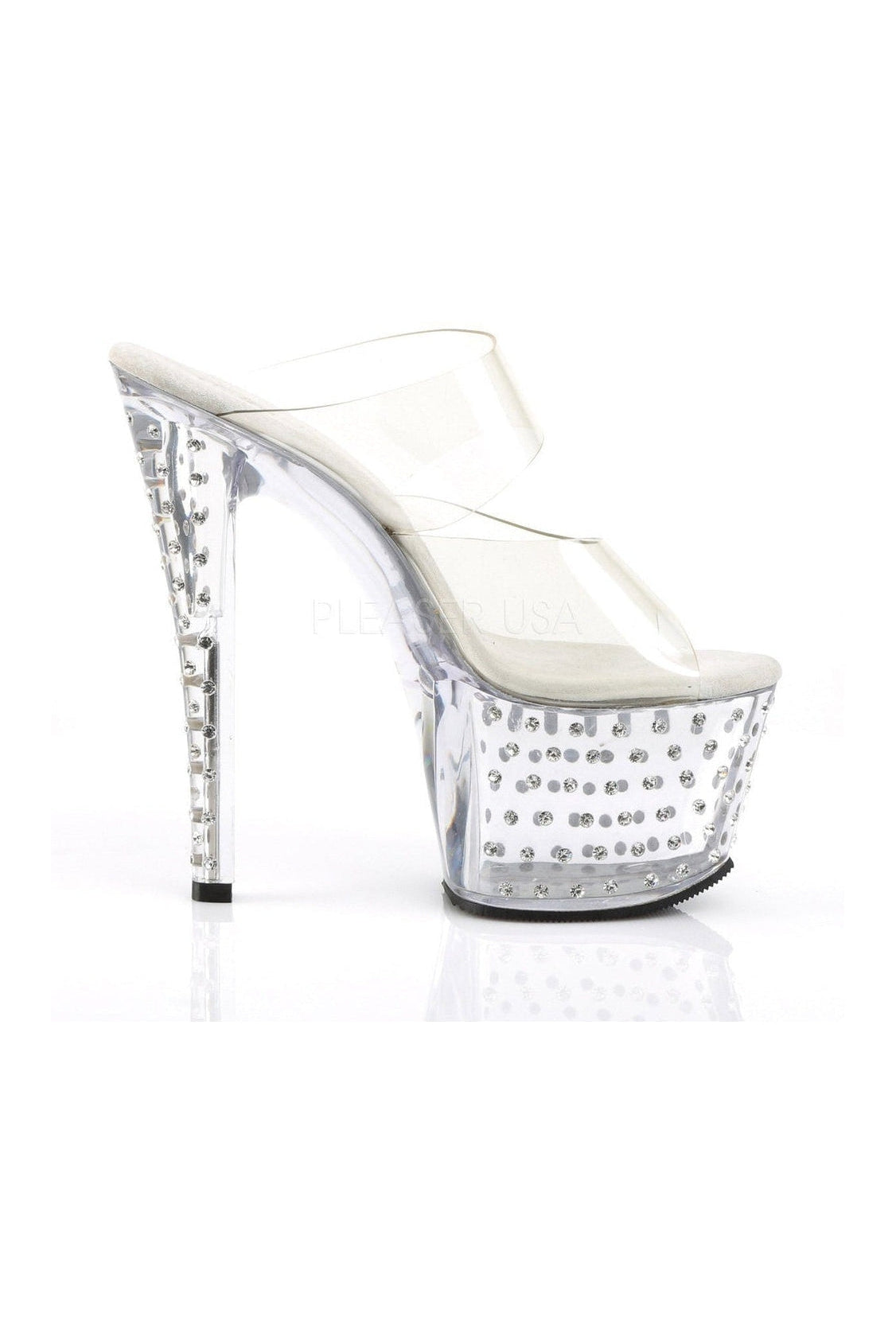 STARDUST-702 Clear Vinyl Platform Slide Sandals with Rhinestone Studded Platform