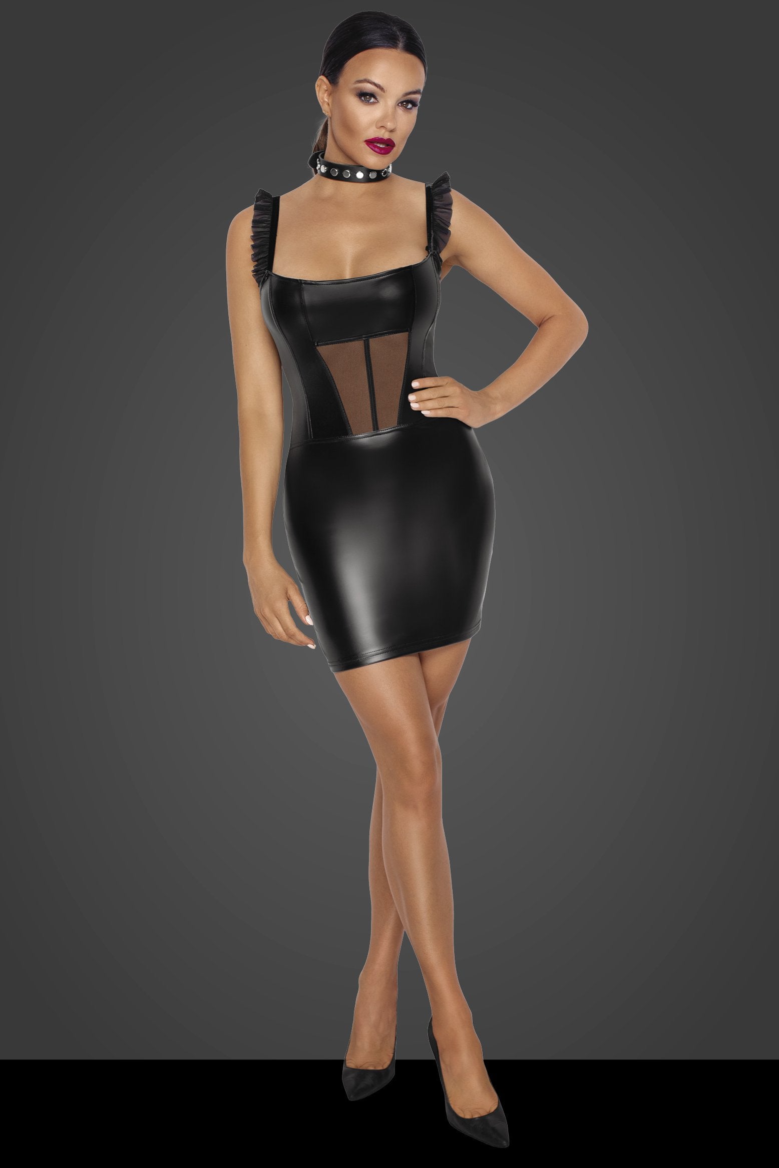 Short Tulle Panel Dress with a Power Wet Look