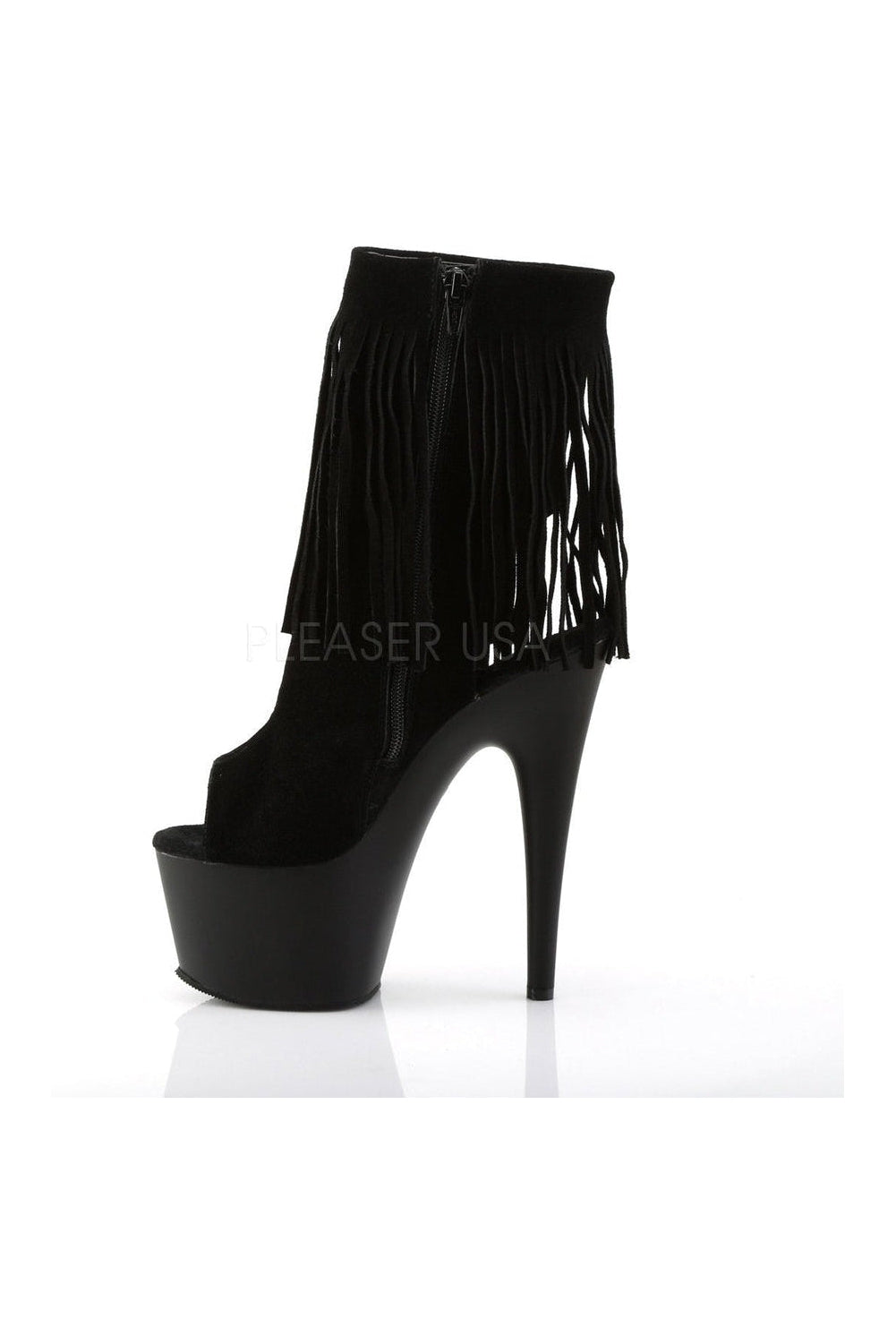 ADORE-1019 Women's Black Genuine Leather Platform Ankle Boot with Stiletto Heel and Fringe