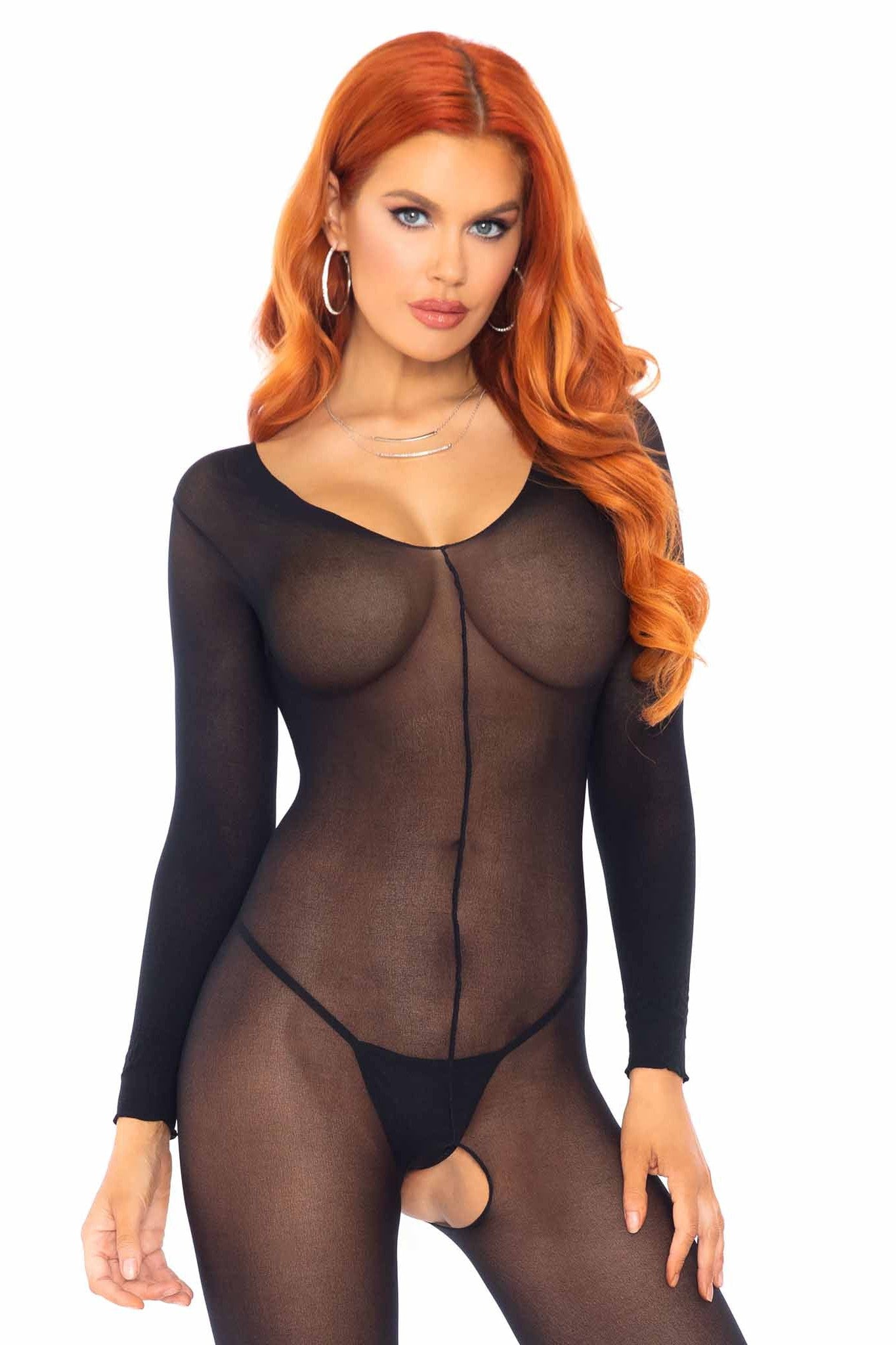 Sheer and Seamless Long-Sleeved Bodystocking for Fashionable Wear