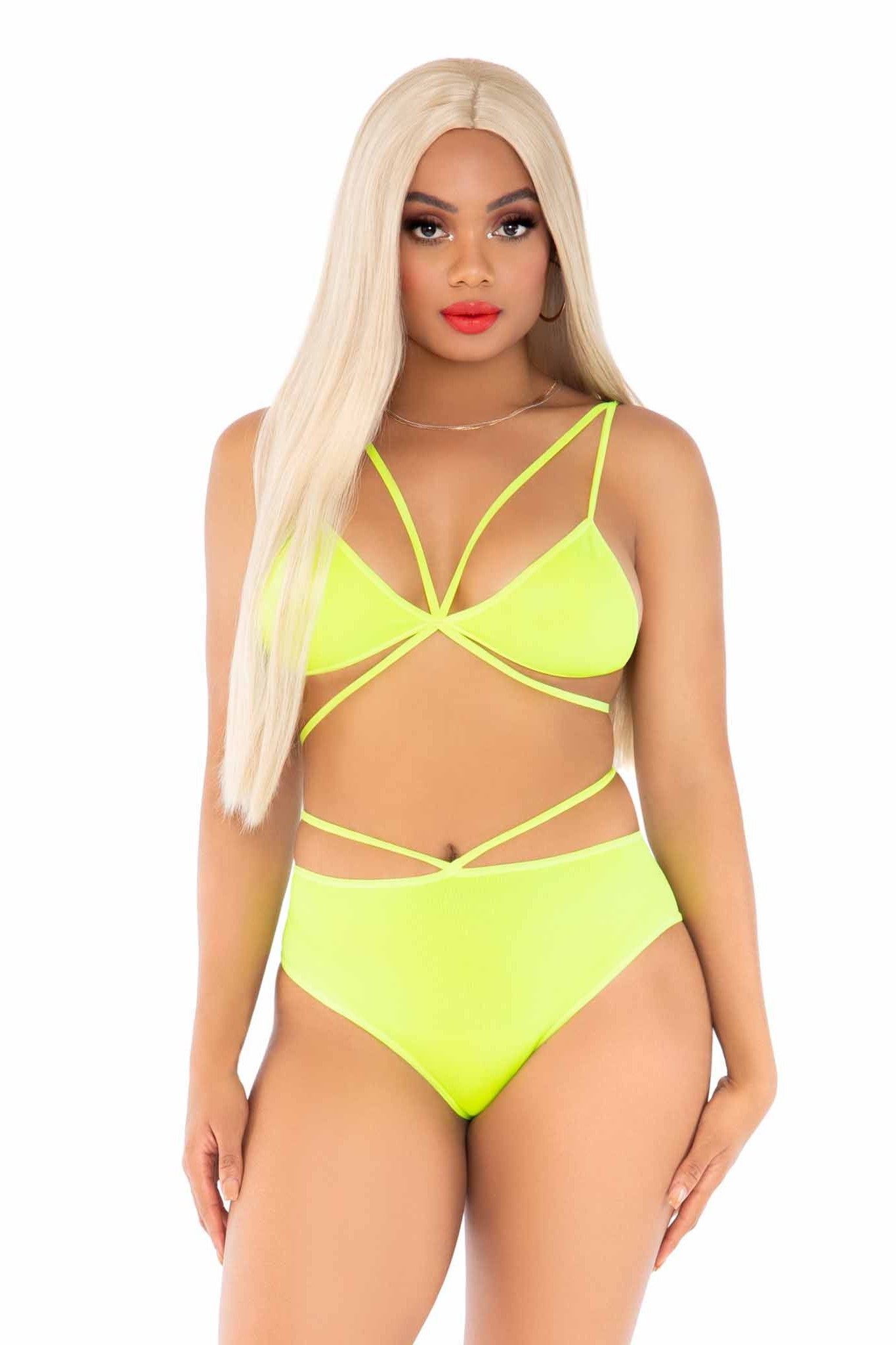 Stylish 2-Piece Set: Opaque Cage Strap Bra Top with Strappy Brazilian Briefs