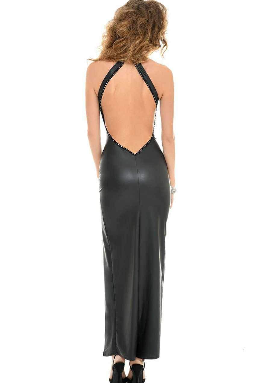 Poussycat Stylish Edgy Long Evening Dress in Black Wetlook Design