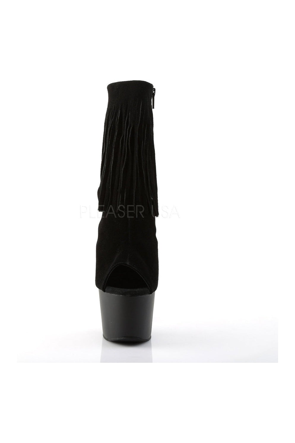 ADORE-1019 Women's Black Genuine Leather Platform Ankle Boot with Stiletto Heel and Fringe
