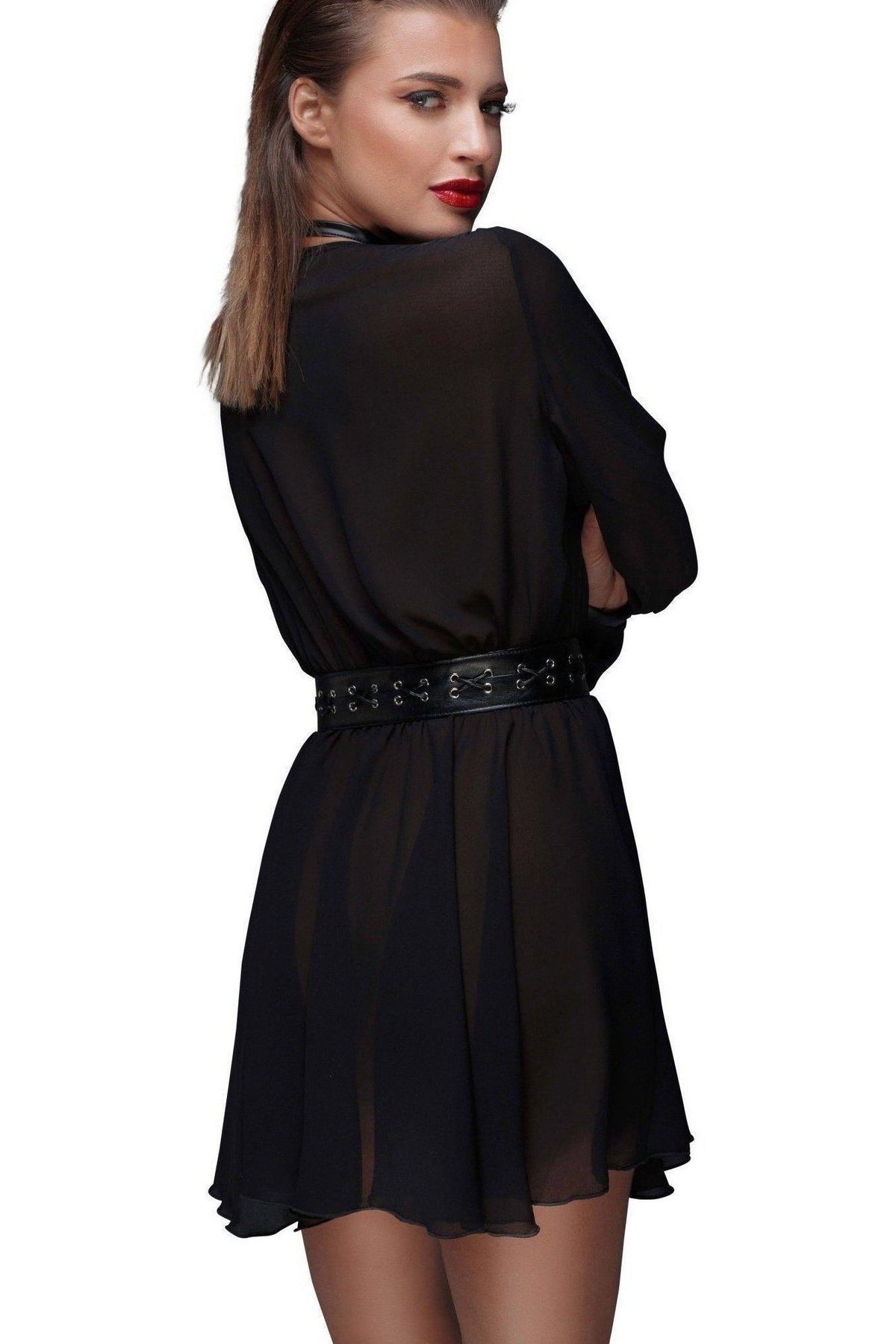 Stylish Chiffon Mini Dress with a Fashionable Choker and Eco - Leather Belt