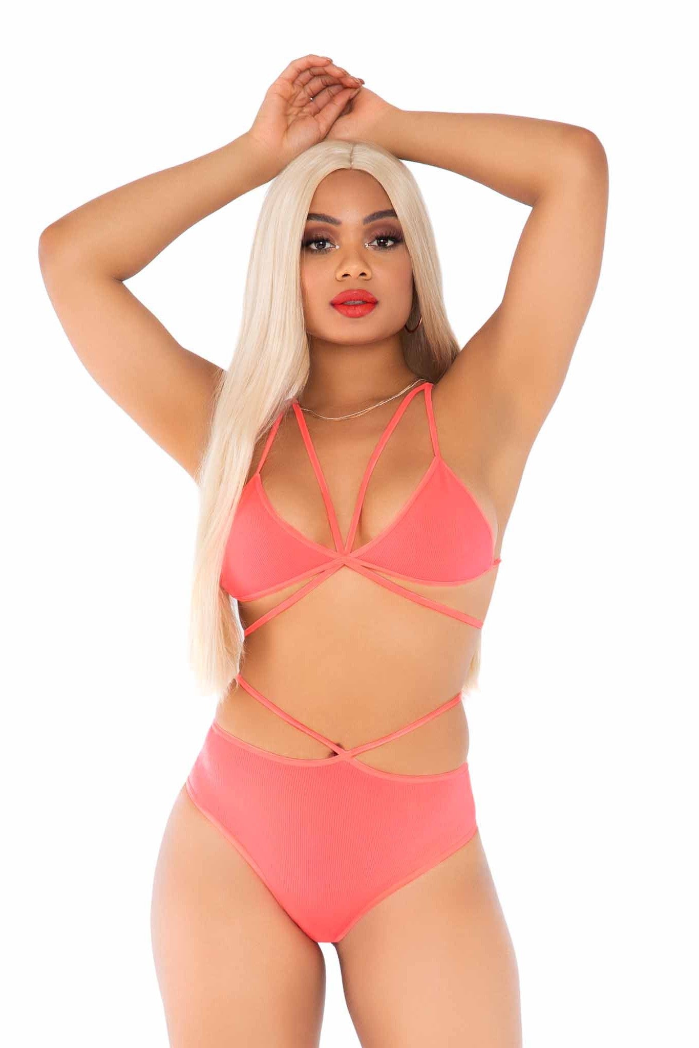 Two-Piece Set: Opaque Cage Strap Women's Bra Top and Strappy Brazilian Style Briefs