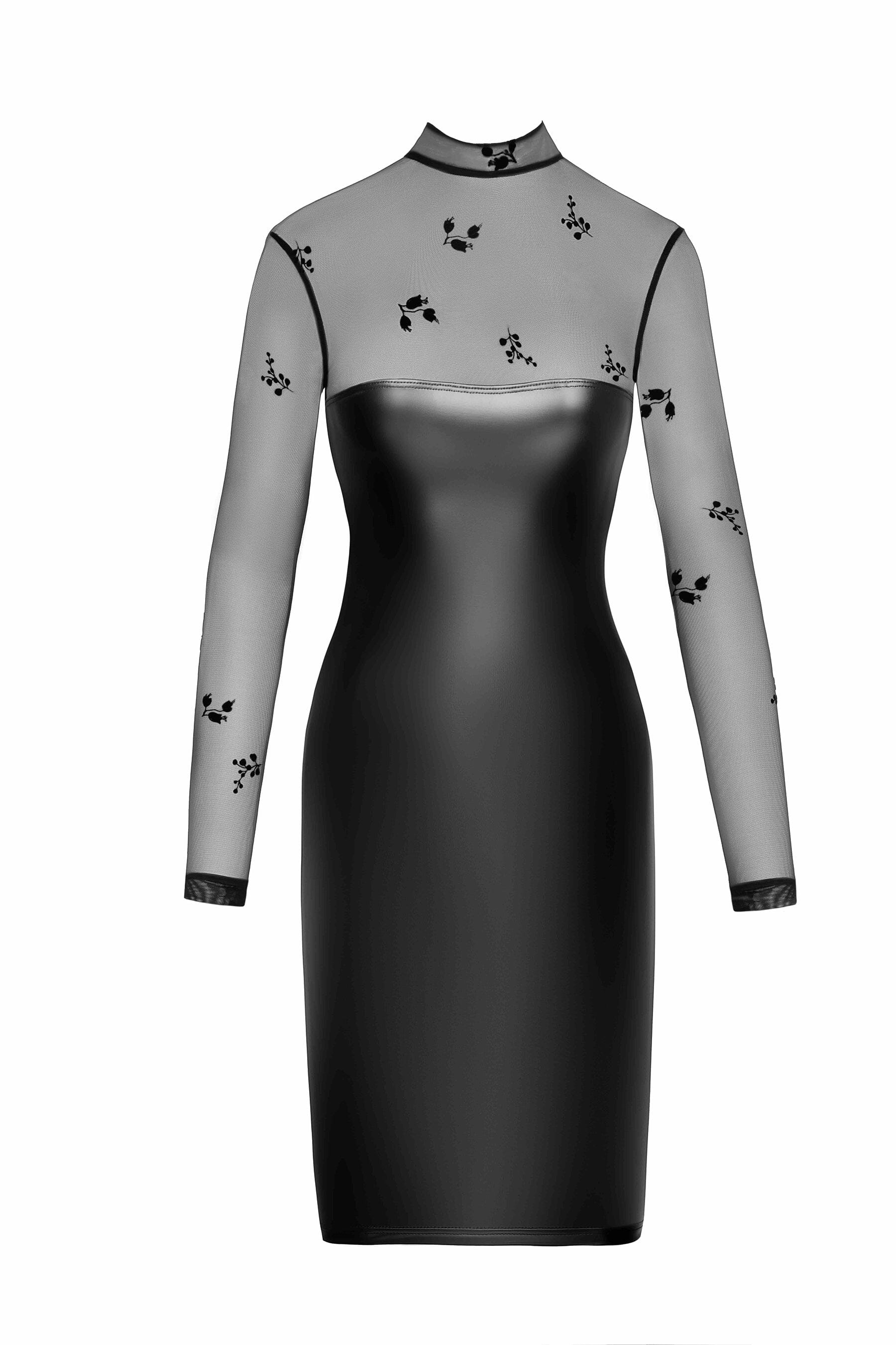 Exquisite Long - Sleeve Sublime Wet - Look and Flocked Mesh Women's Mini Dress