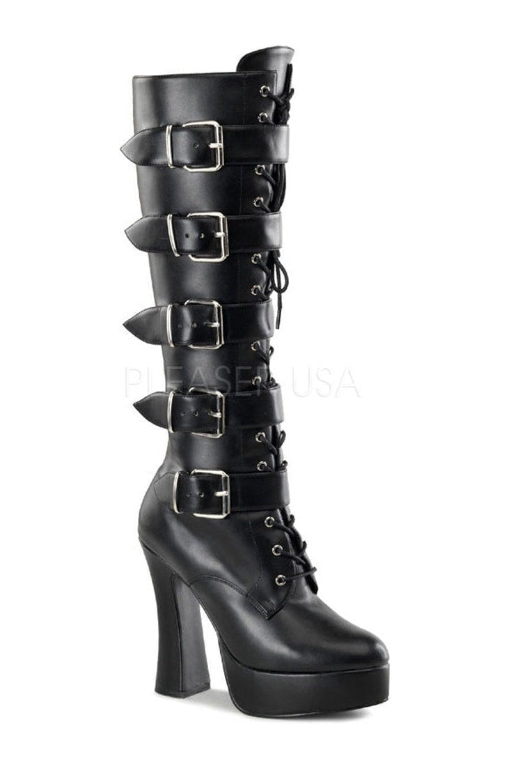 ELECTRA-2042 Women's Black Faux Leather Platform Knee Boots with Stack Heel and Buckle Detail