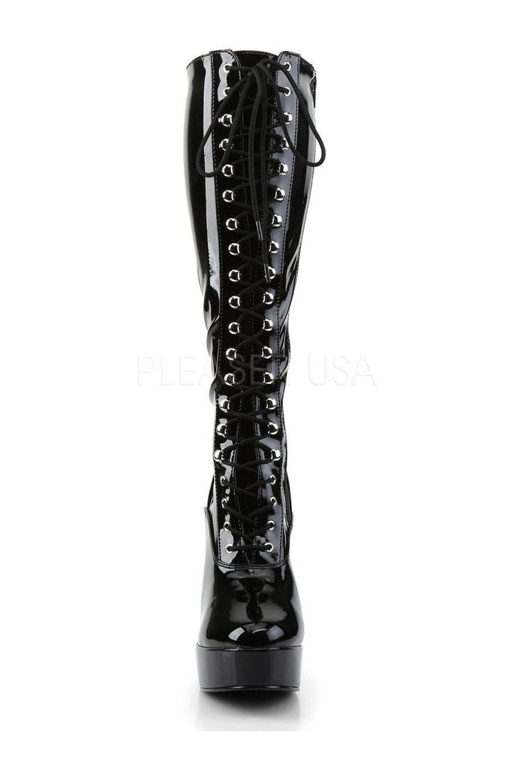 2023 ELECTRA Black Patent Platform Knee Boots with Lace Detail