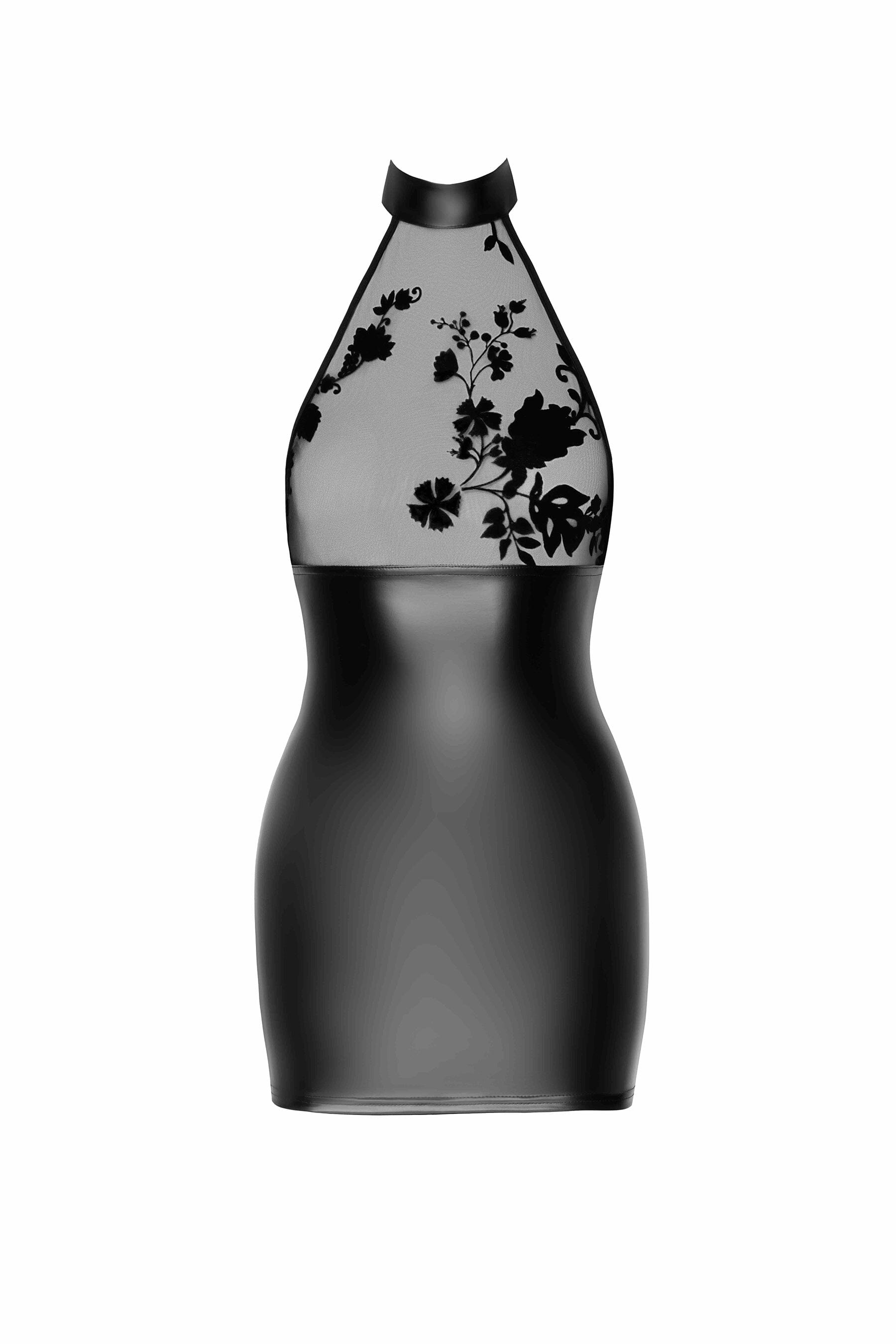 Eros Mini Halter Style Dress Crafted from Flocked Mesh Fabric and Wetlook Material