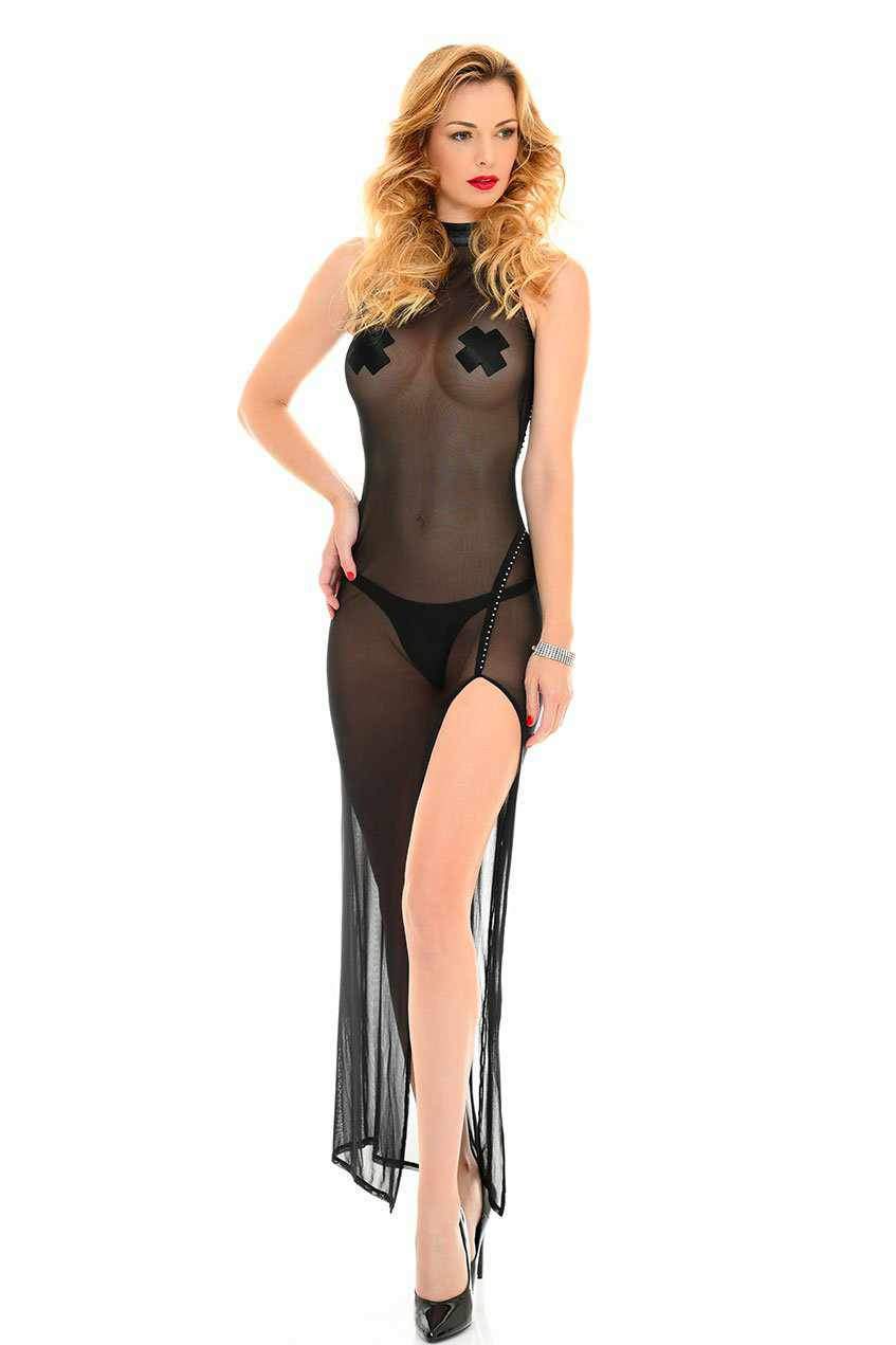 Poussycat Stylish Edgy Long Evening Dress in Black Mesh Fabric