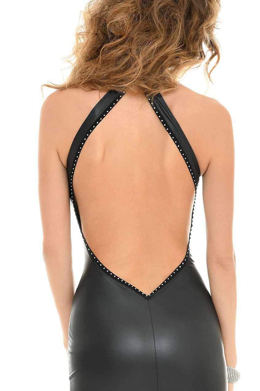 Poussycat Stylish Edgy Long Evening Dress in Black Wetlook Design